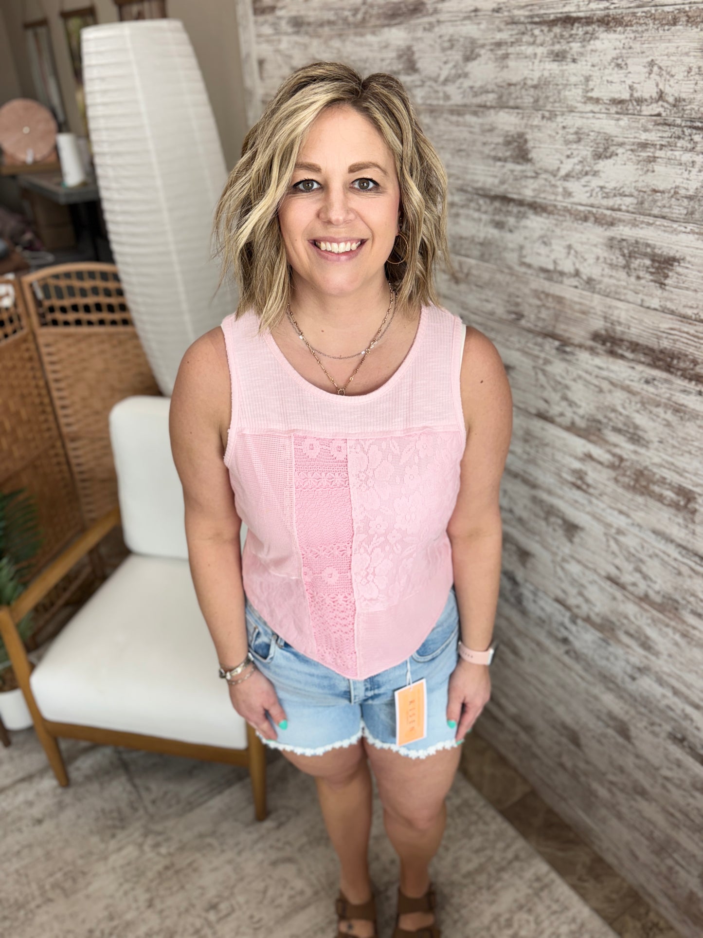 Pink Blush Mixed Lace Patchwork Cropped Tank