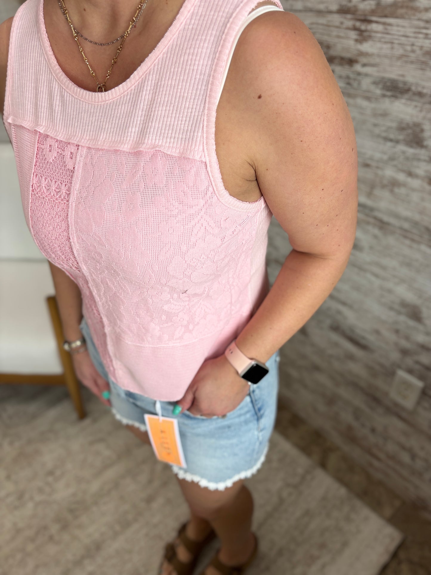 Pink Blush Mixed Lace Patchwork Cropped Tank