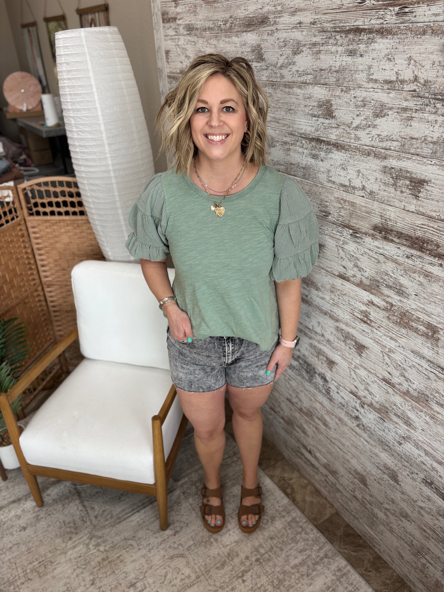 Sage Mineral Washed Puff Sleeve Top
