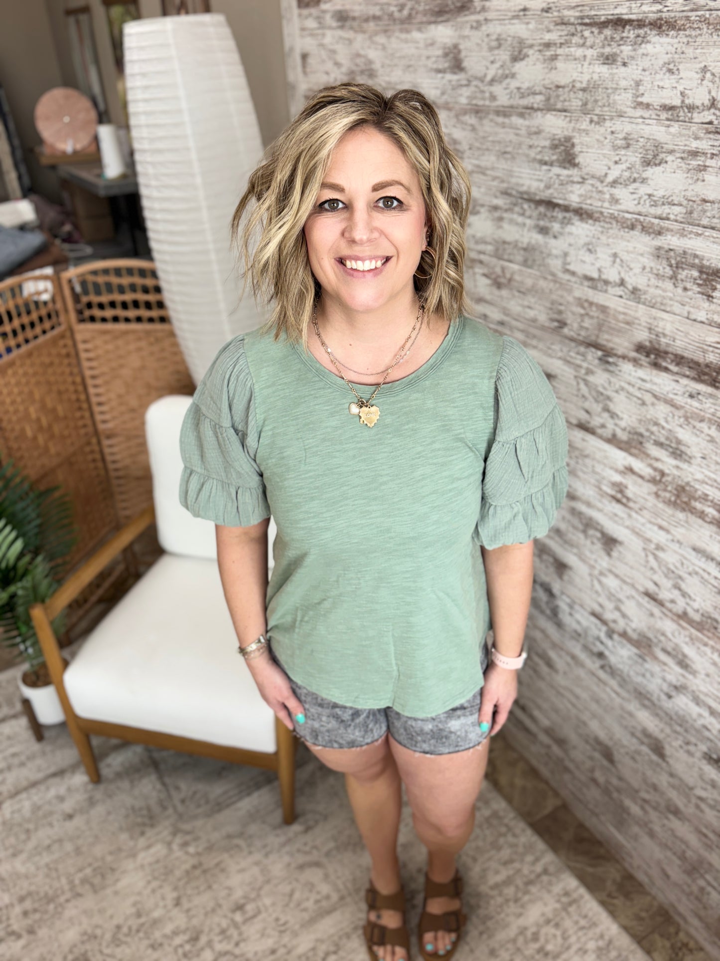 Sage Mineral Washed Puff Sleeve Top