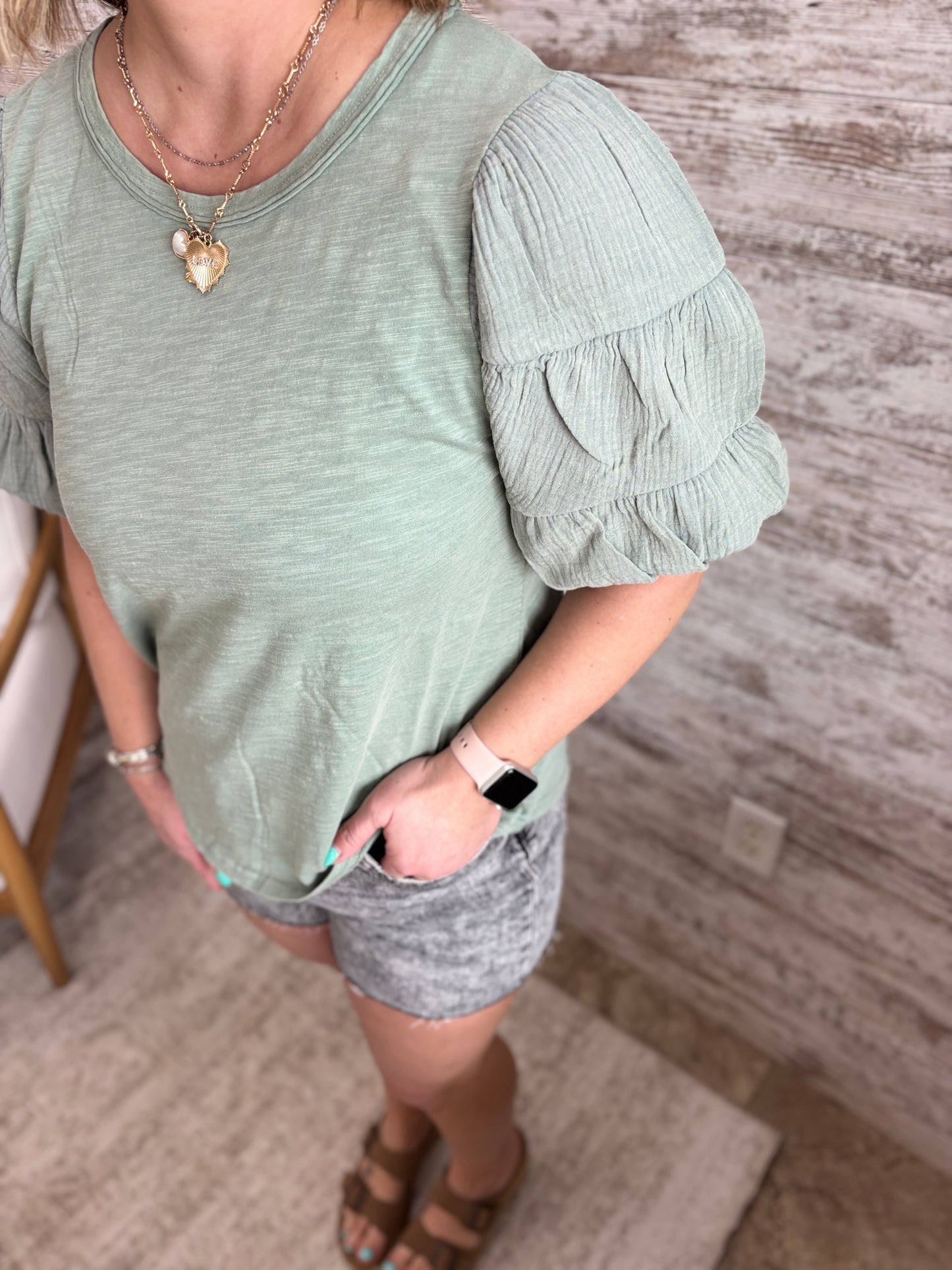 Sage Mineral Washed Puff Sleeve Top
