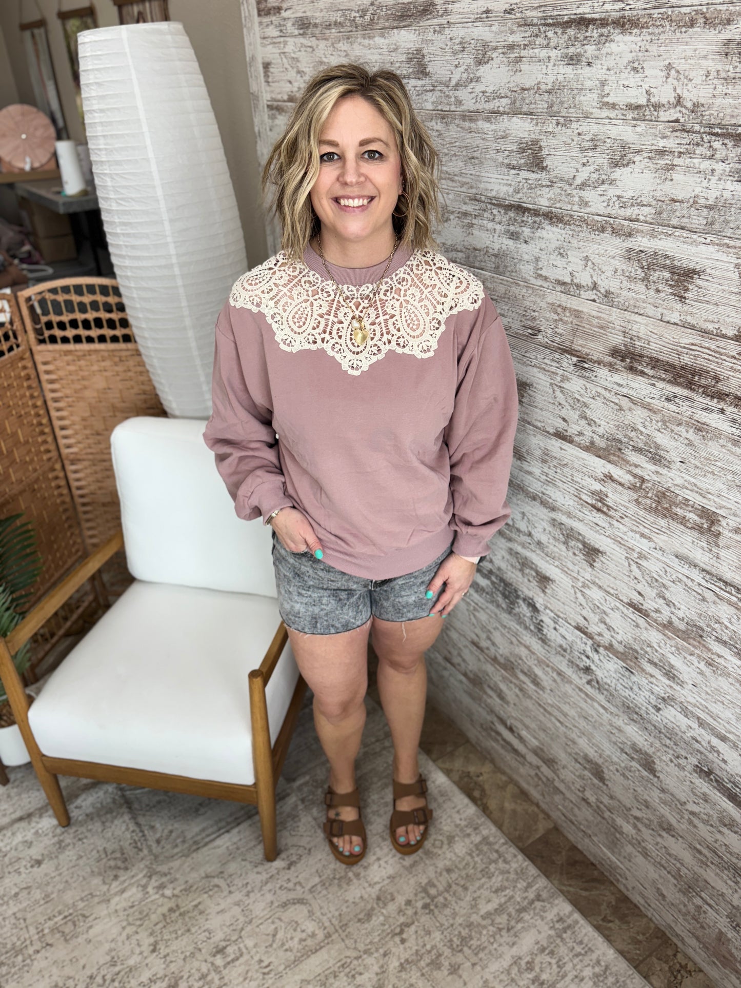 Rose Crochet Trim Crew Neck