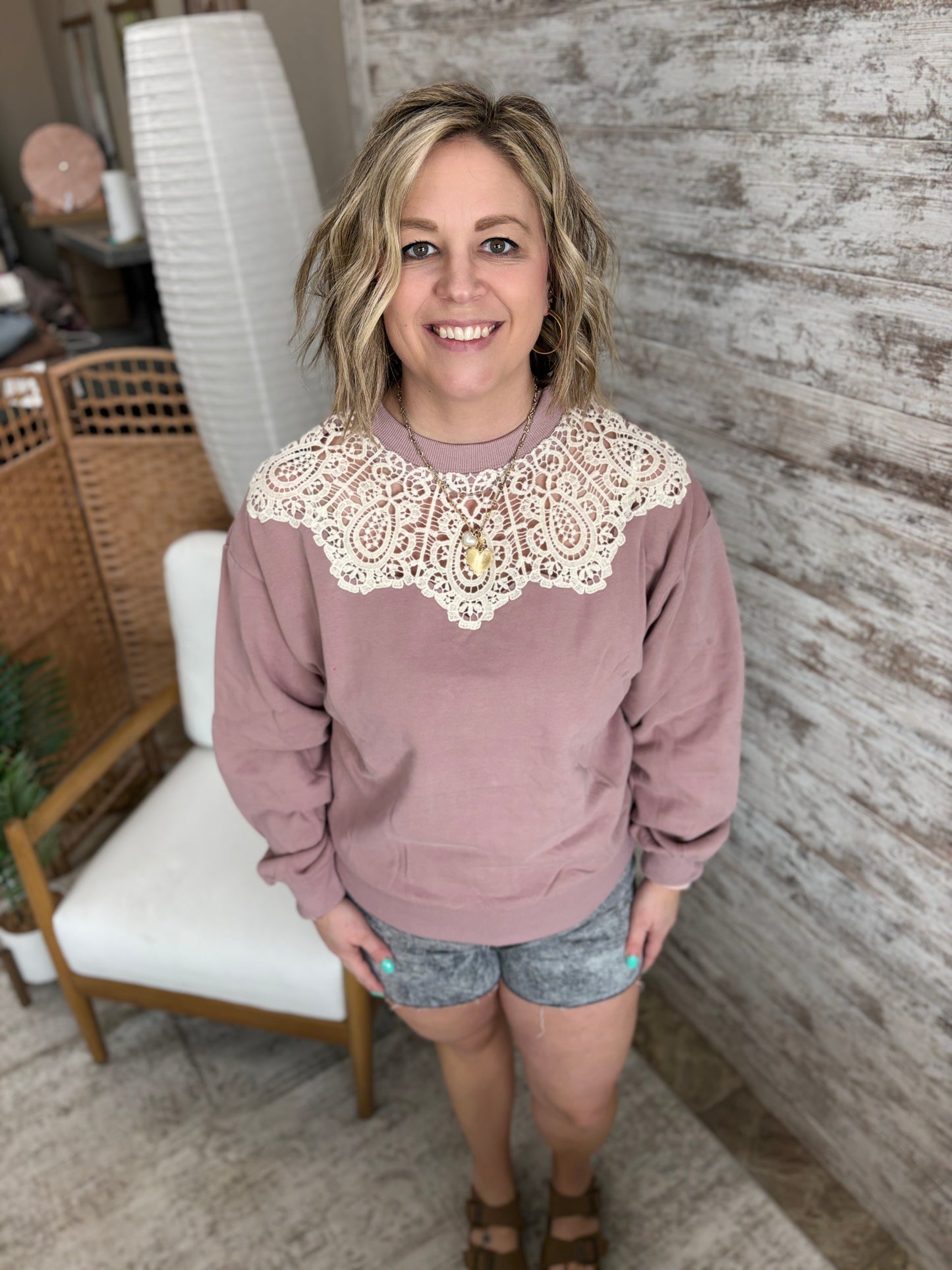Rose Crochet Trim Crew Neck