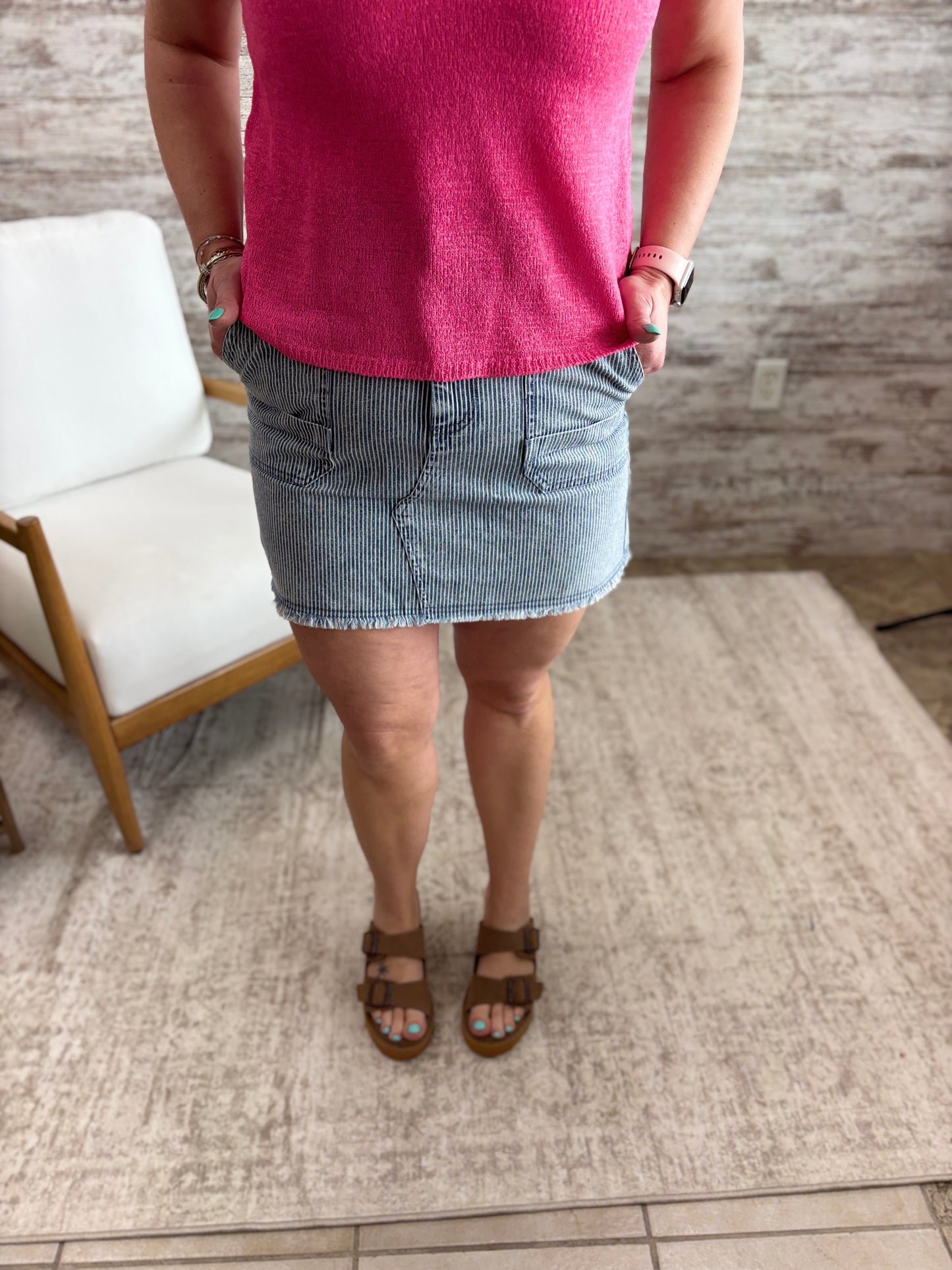 Mineral Washed Striped Denim Mini Skirt