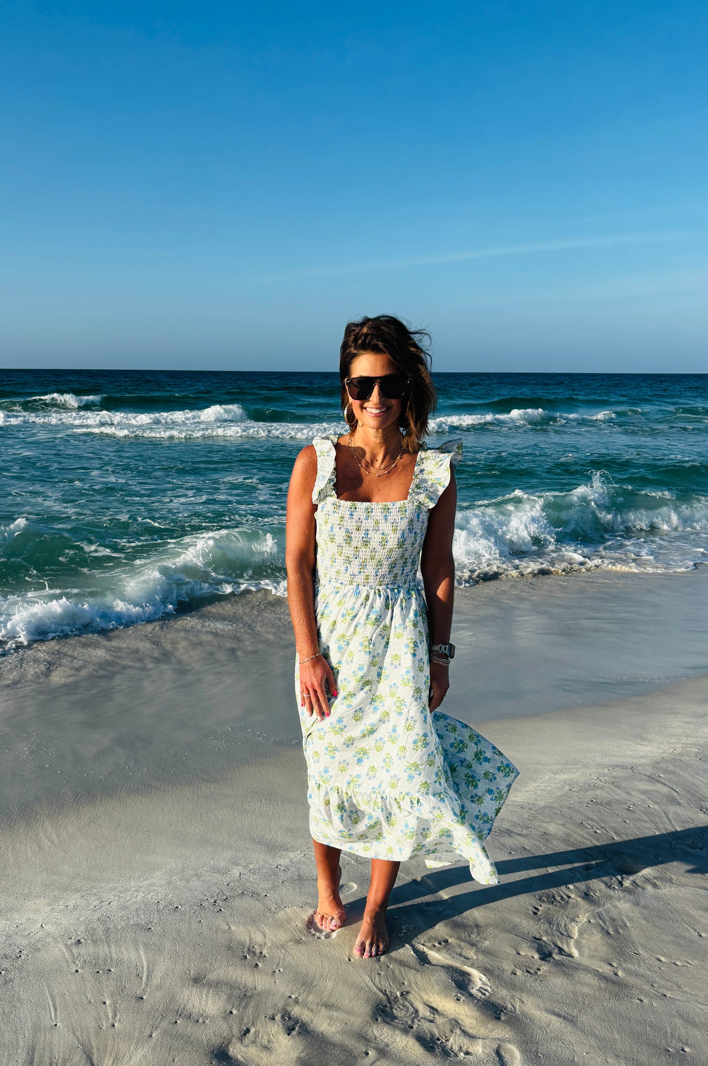 Multi Blue Floral Smocked Midi Dress