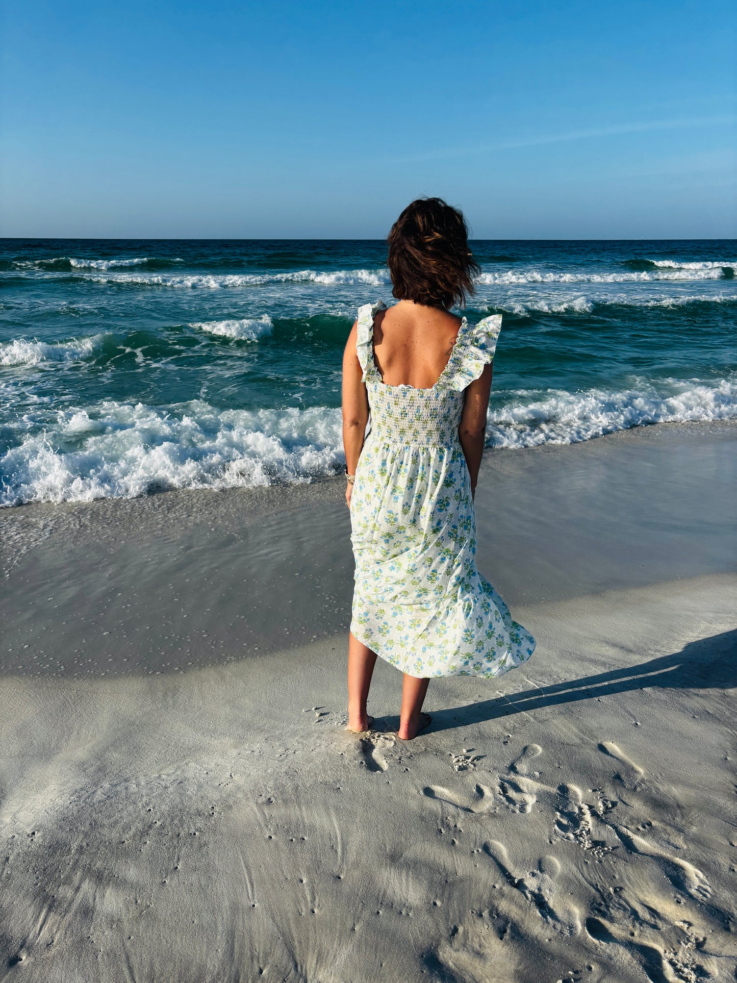 Multi Blue Floral Smocked Midi Dress