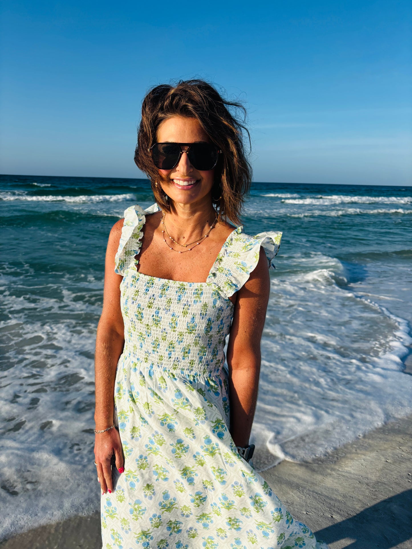 Multi Blue Floral Smocked Midi Dress