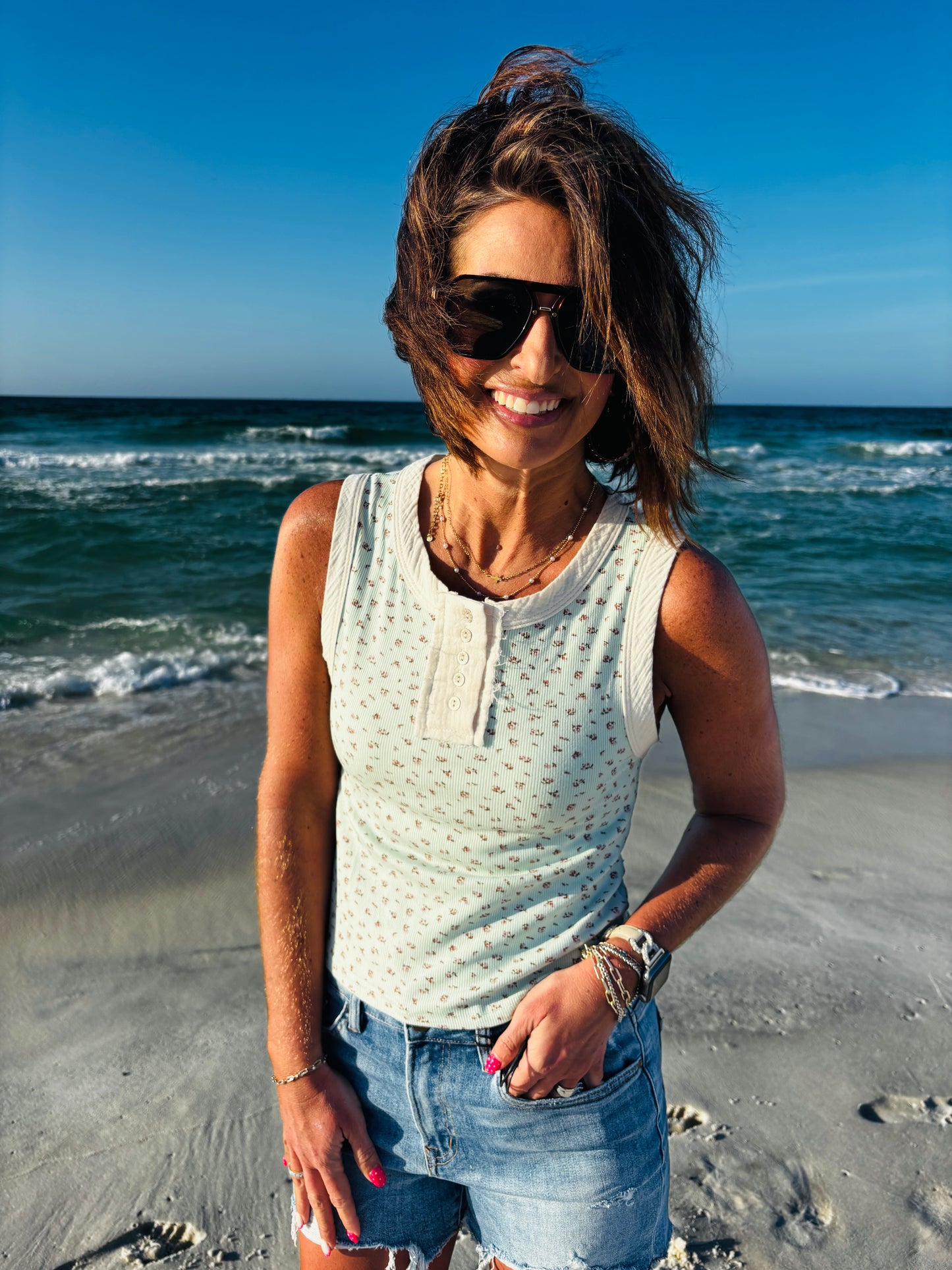 Mint Round Neck Sleeveless Ribbed Floral Printed Knit Top