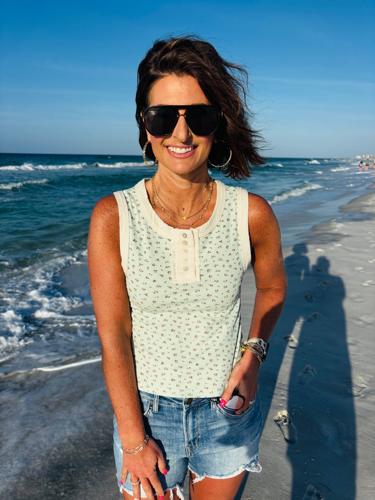 Mint Round Neck Sleeveless Ribbed Floral Printed Knit Top
