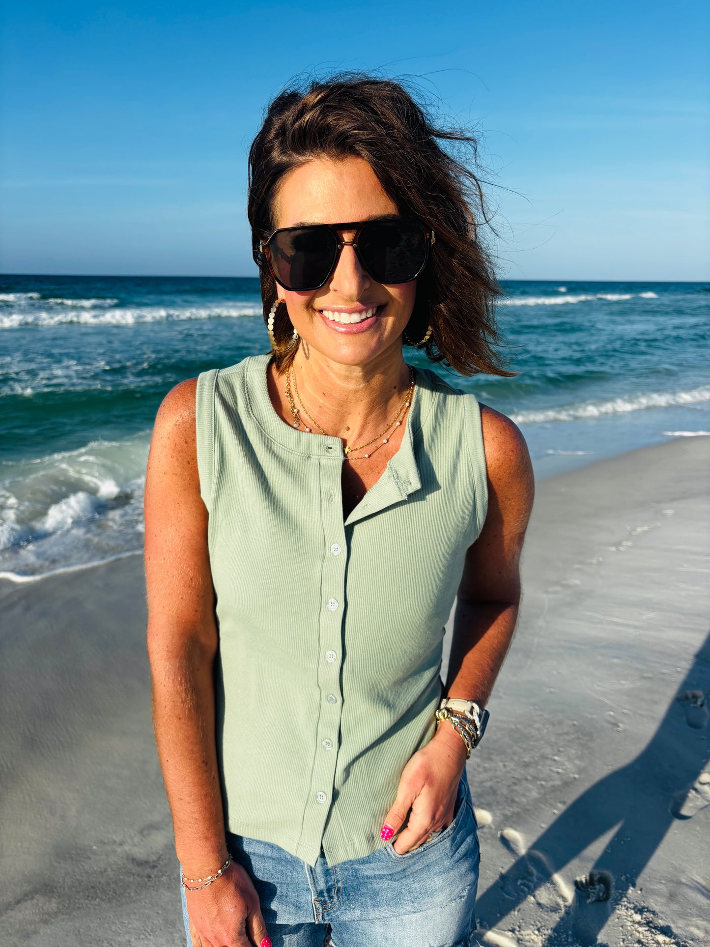 Sage Ribbed Button Down Tank