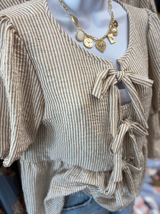 Taupe Pin Stripe Puff Sleeve Top