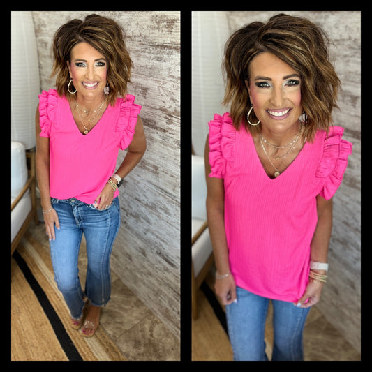 Fuschia V Neck Texture Top with Ruffle Sleeves