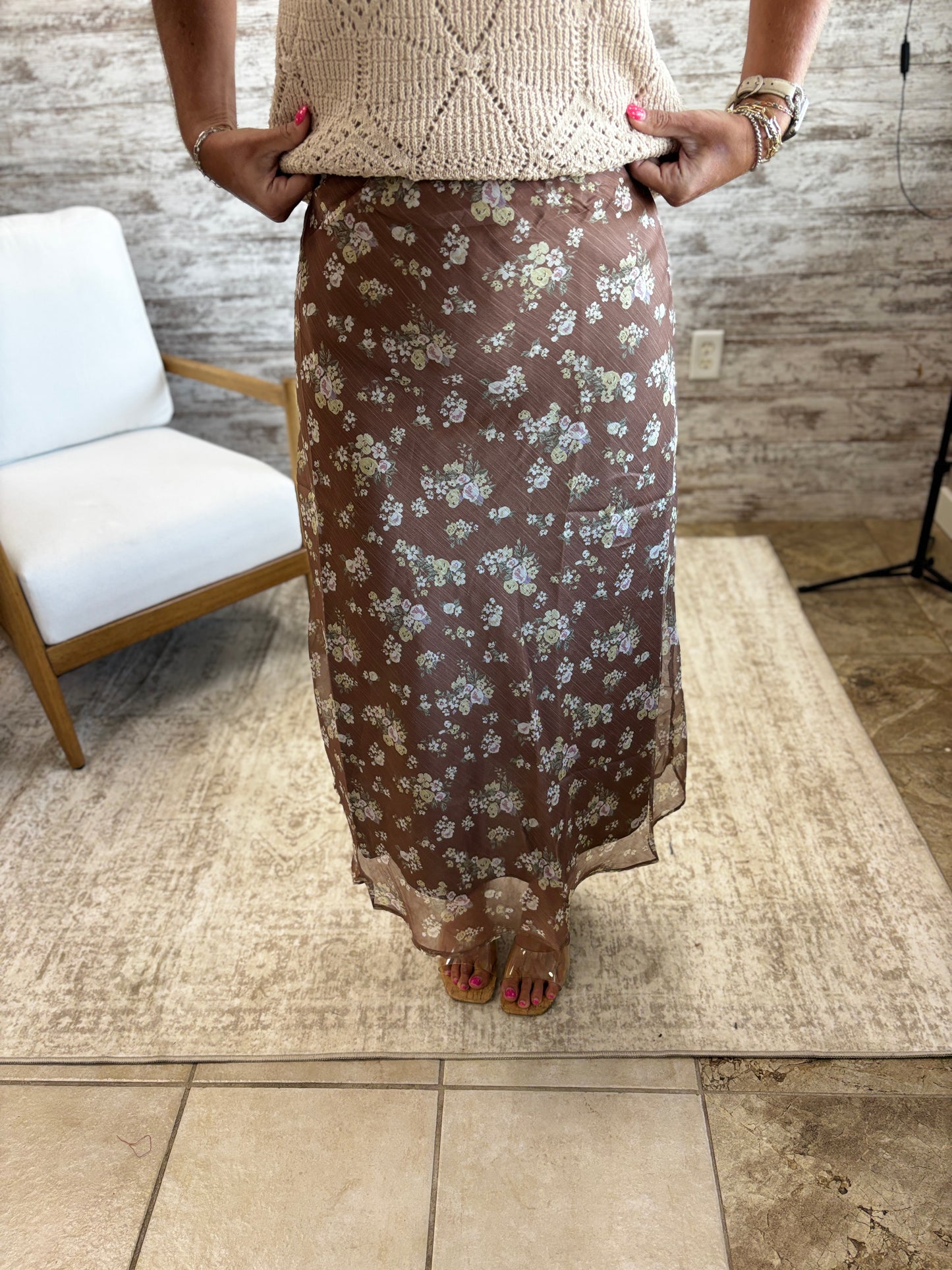 Brown Floral Lined Skirt