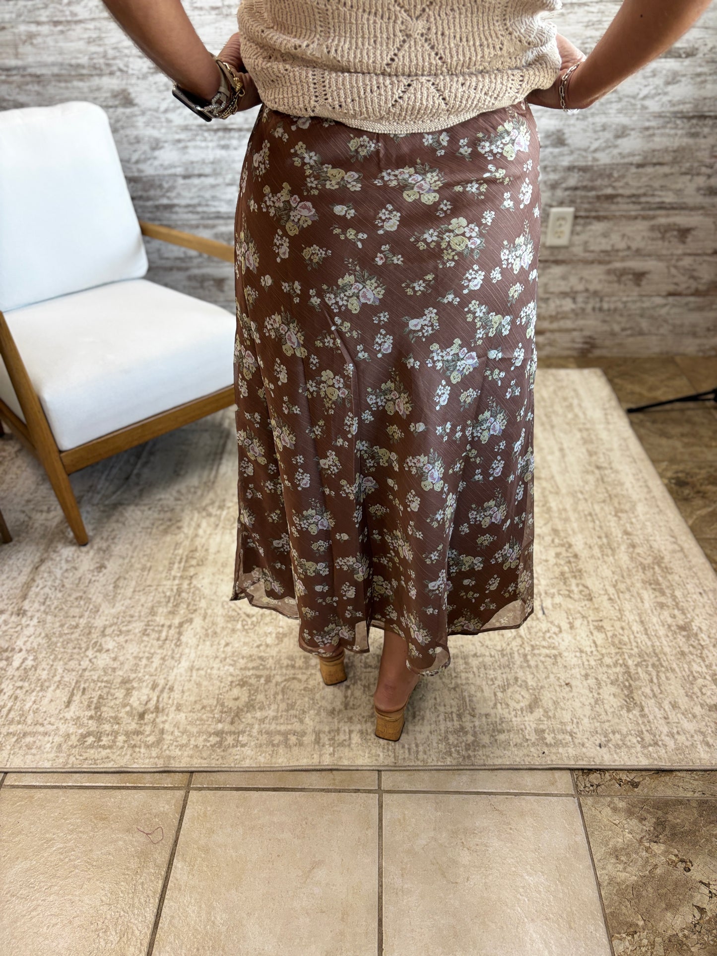 Brown Floral Lined Skirt