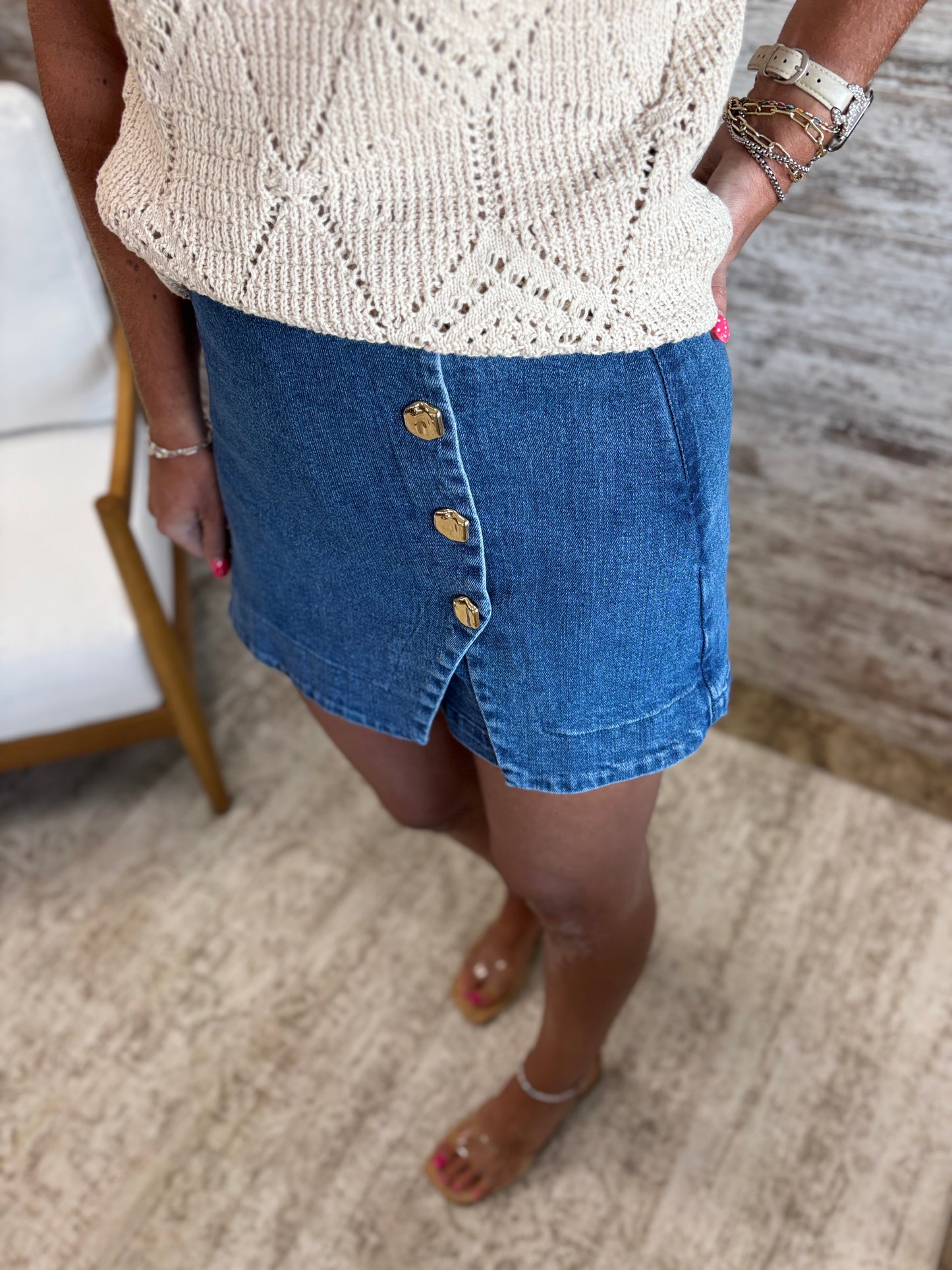 Washed Denim Skort with Button Detail