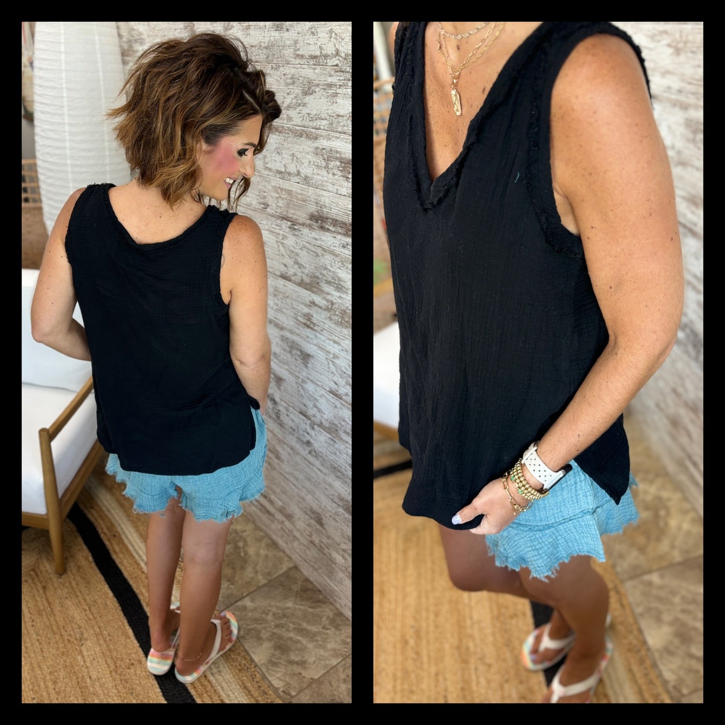 Black Gauzy V Neck Tank