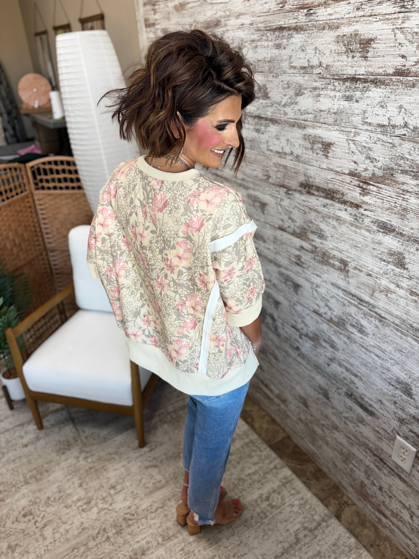Oatmeal Floral Twill Short Sleeve Top