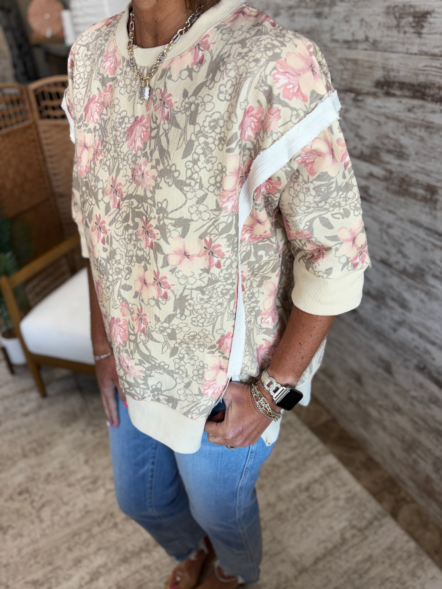 Oatmeal Floral Twill Short Sleeve Top