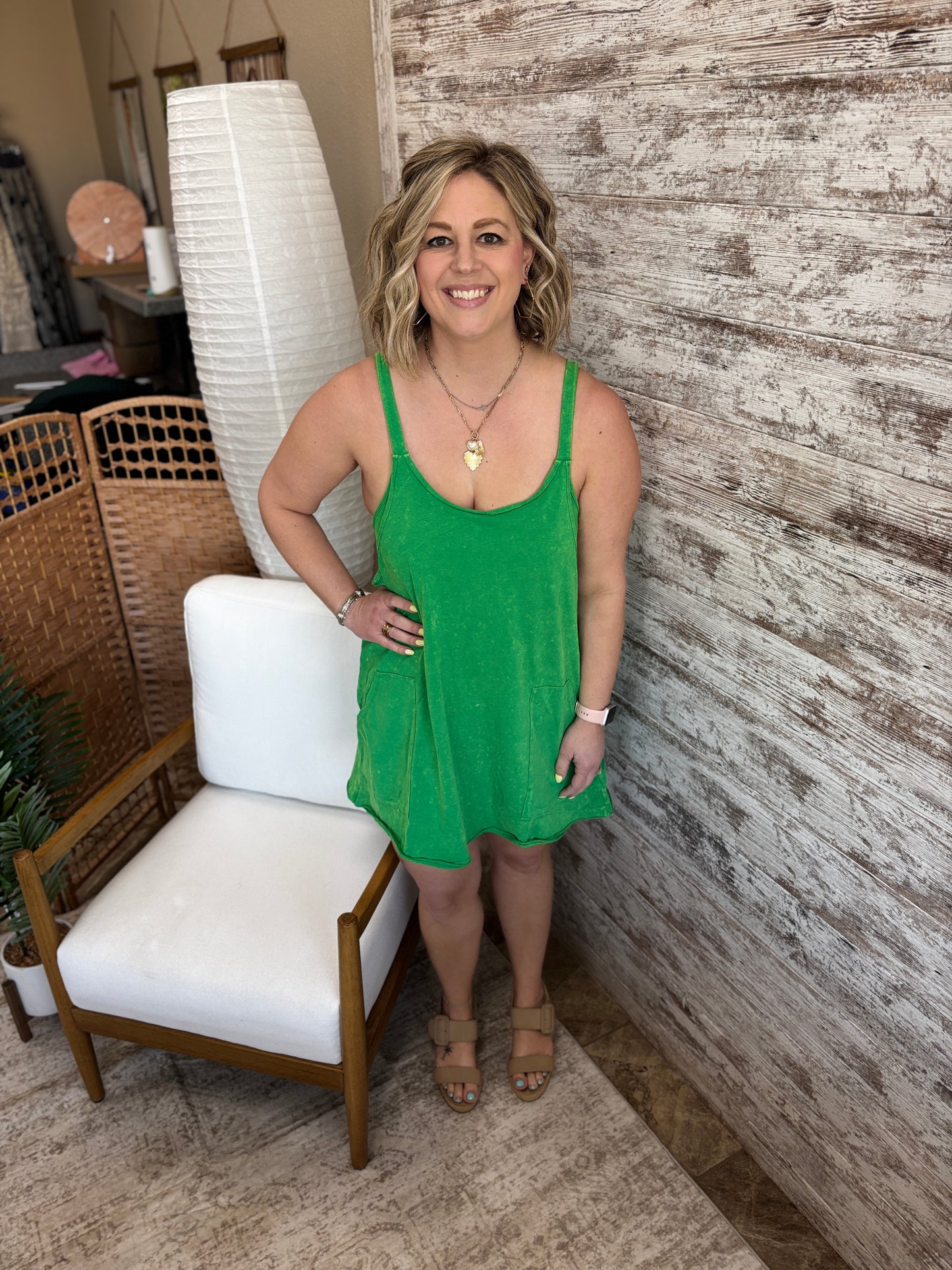 Green Mineral Wash Mini Dress with Shorts