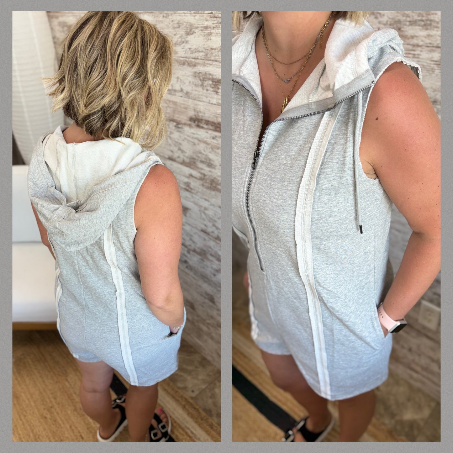 Heather Grey Raw Edge Hooded Romper