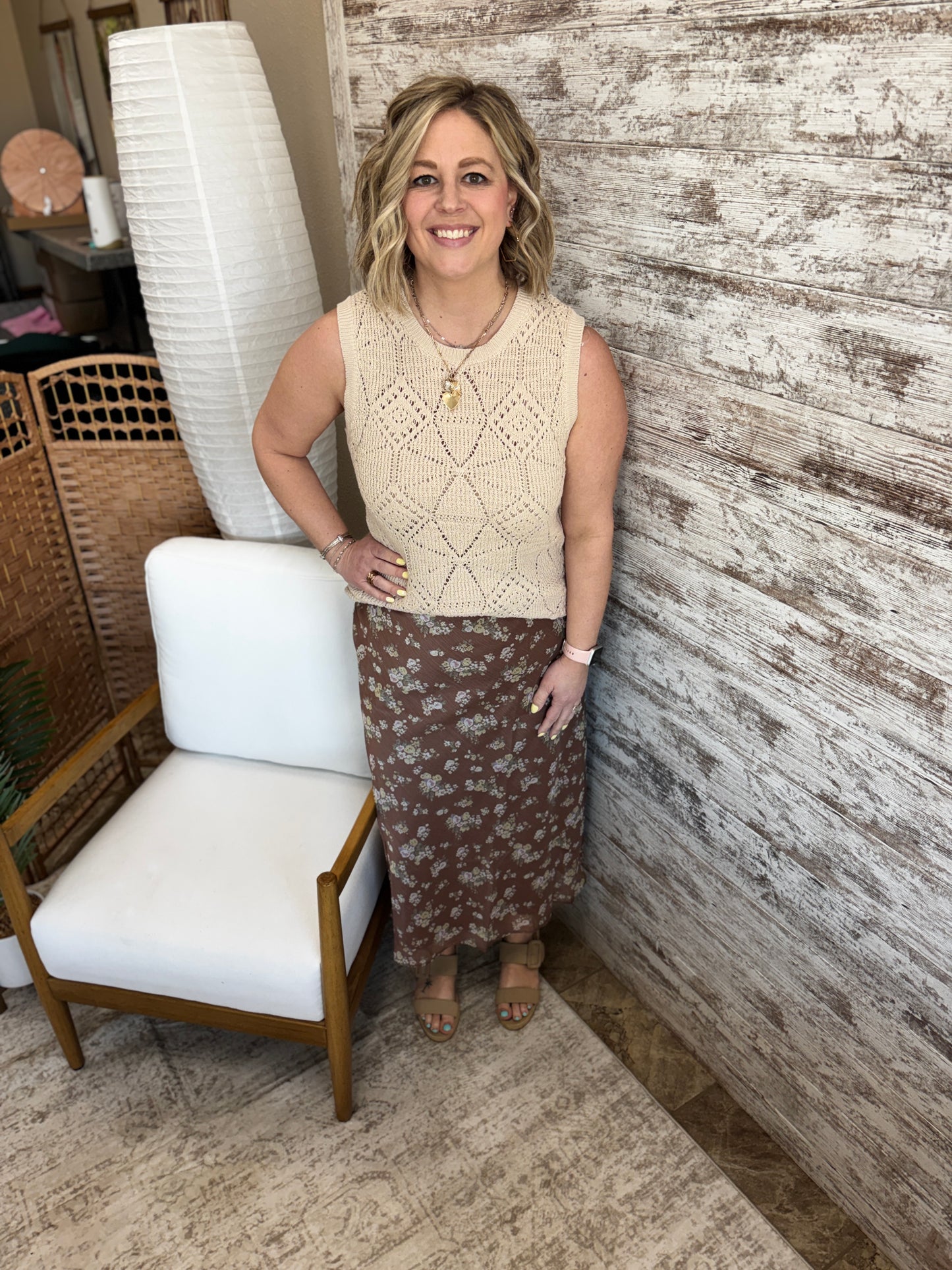 Brown Floral Lined Skirt
