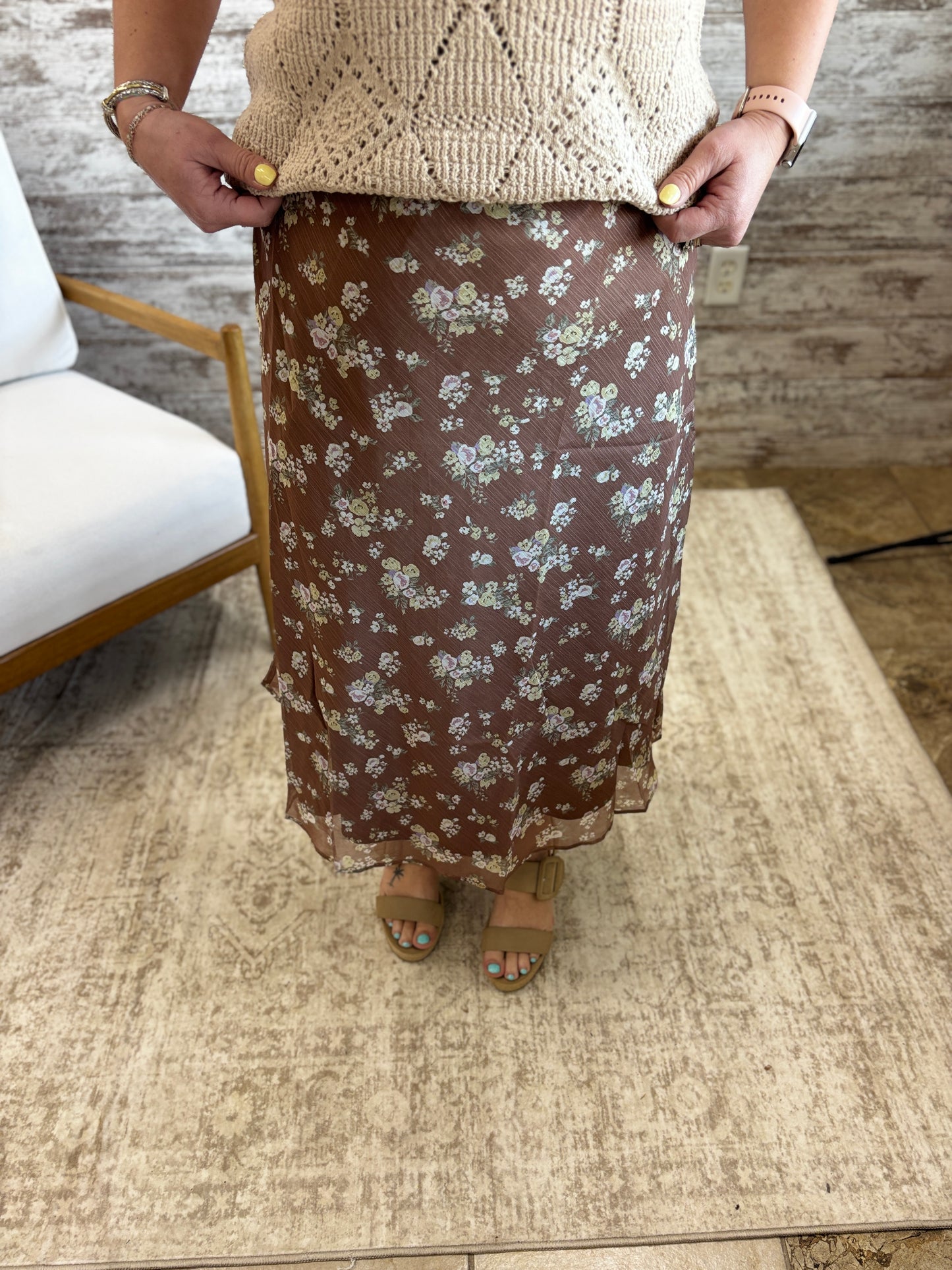Brown Floral Lined Skirt