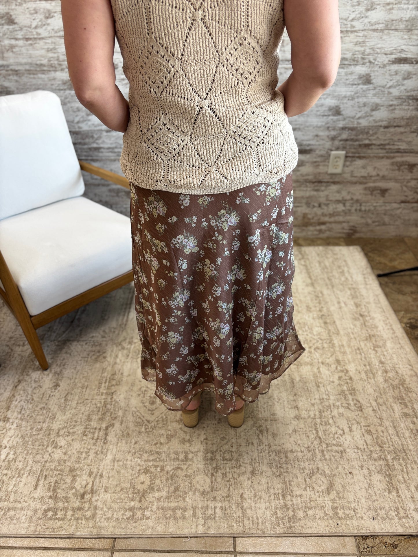 Brown Floral Lined Skirt