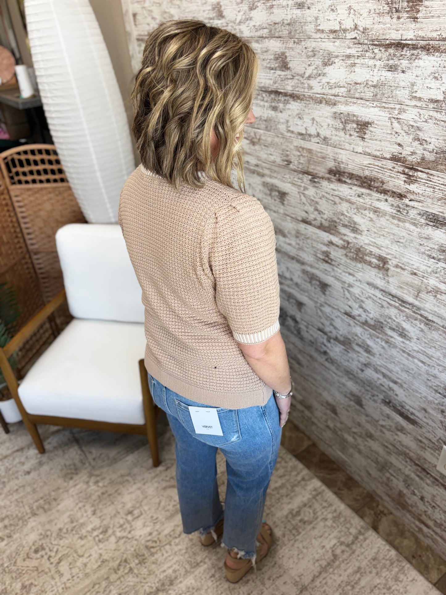 Lt Mocha Waffle Textured Balloon Sleeve Sweater