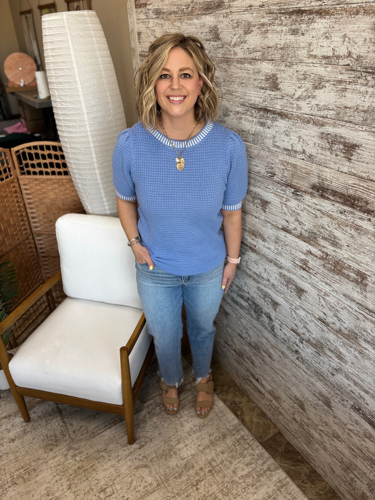 Chambray Waffle Textured Balloon Sleeve Sweater