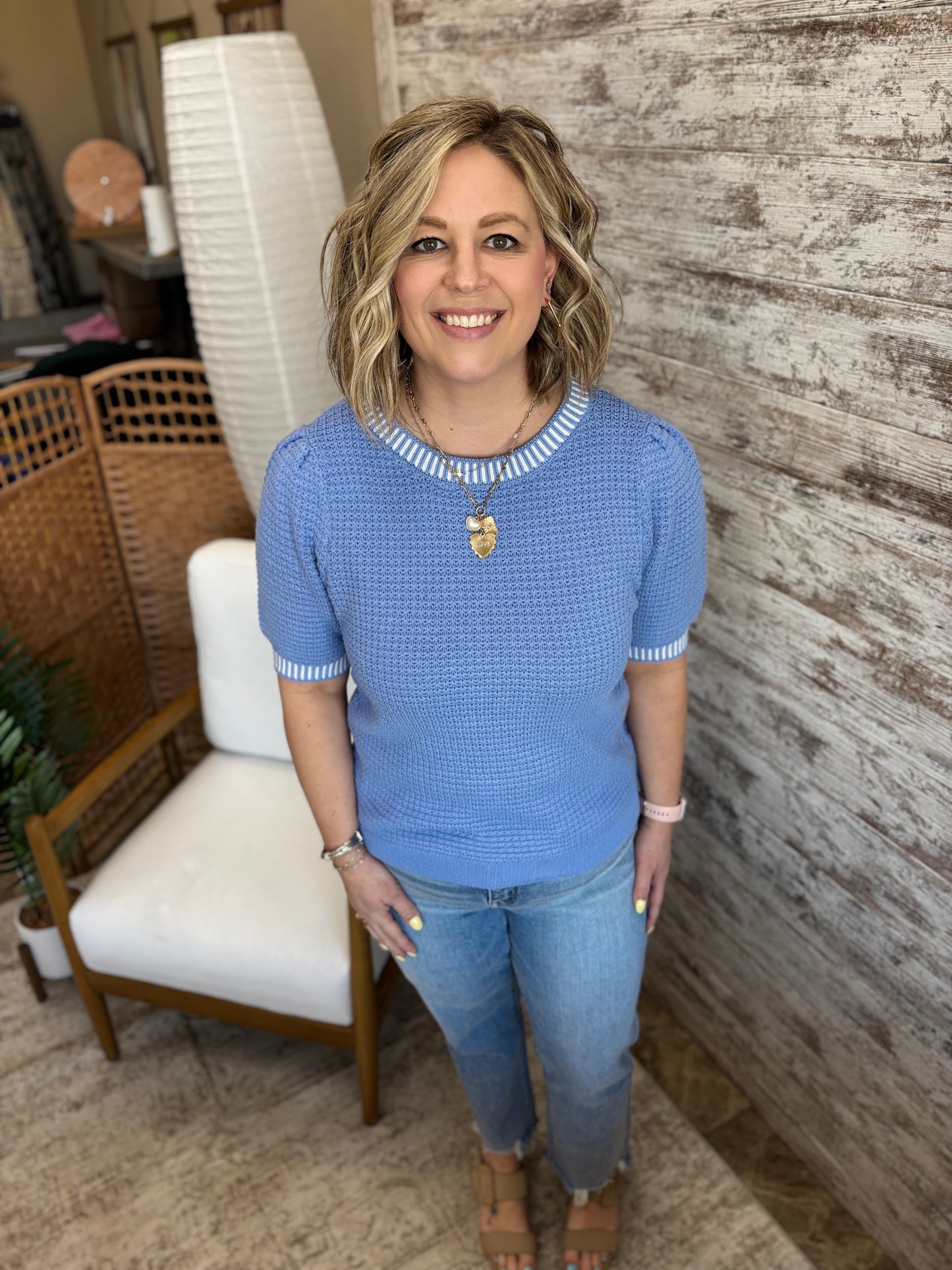 Chambray Waffle Textured Balloon Sleeve Sweater