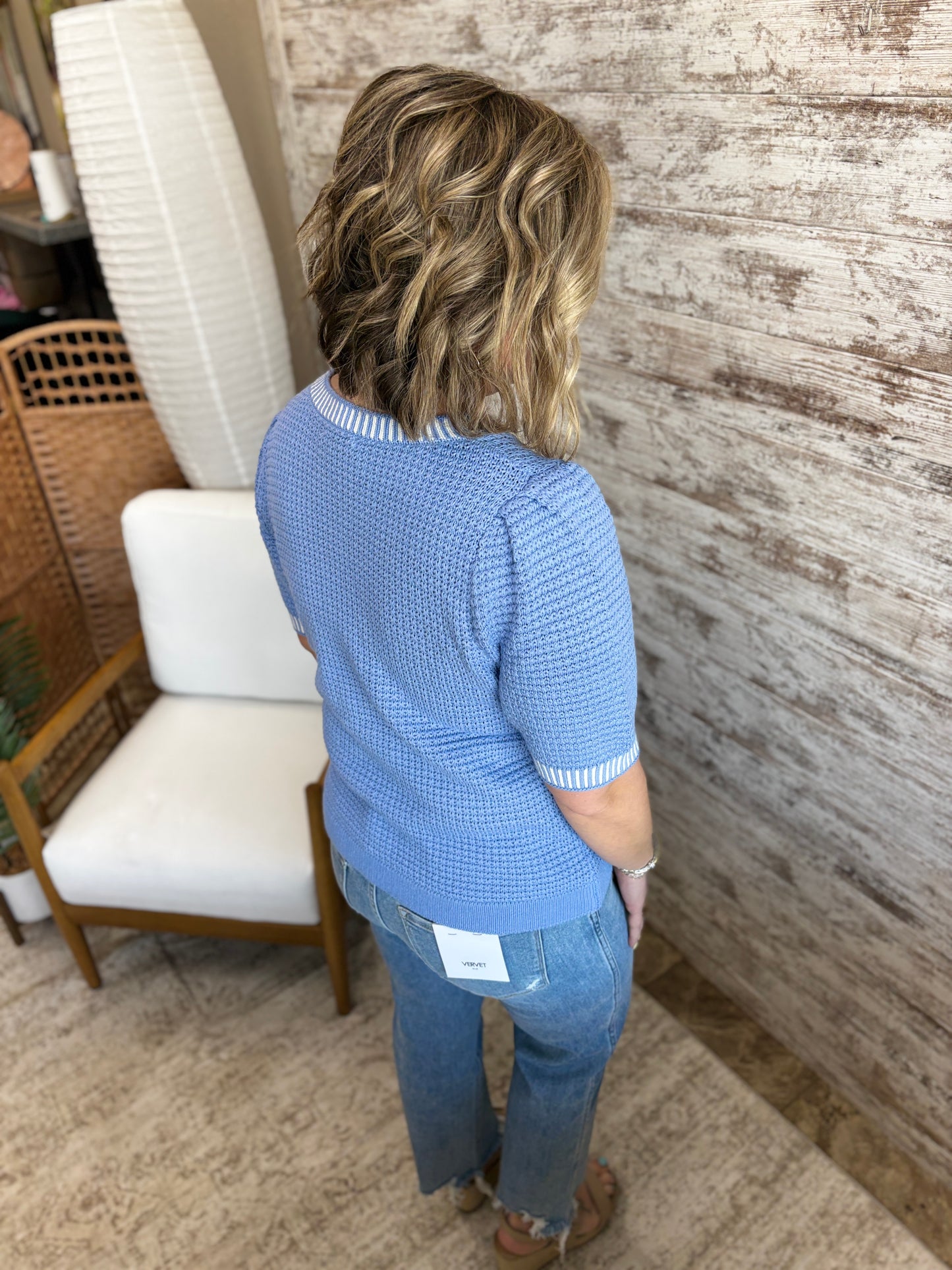 Chambray Waffle Textured Balloon Sleeve Sweater
