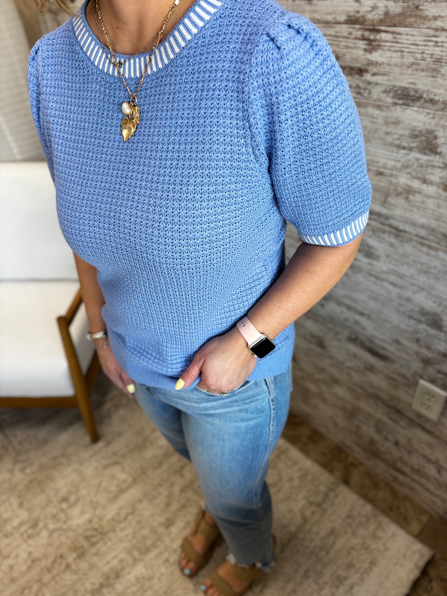 Chambray Waffle Textured Balloon Sleeve Sweater