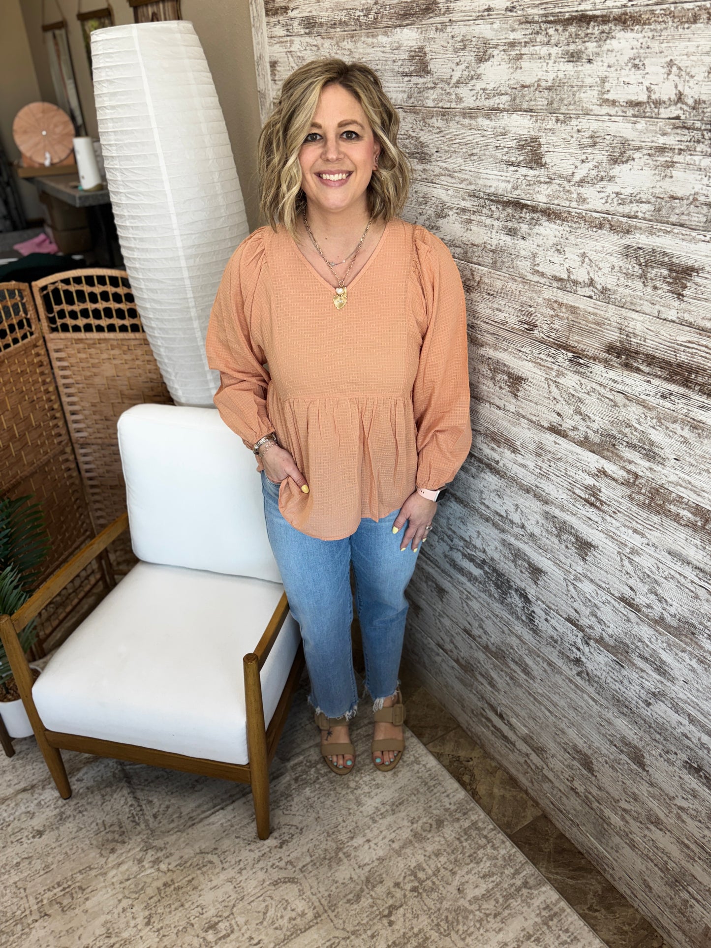 Dark Peach Babydoll Long Sleeve Top