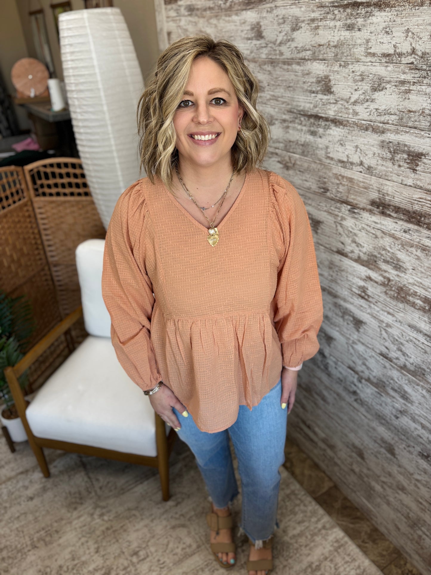 Dark Peach Babydoll Long Sleeve Top