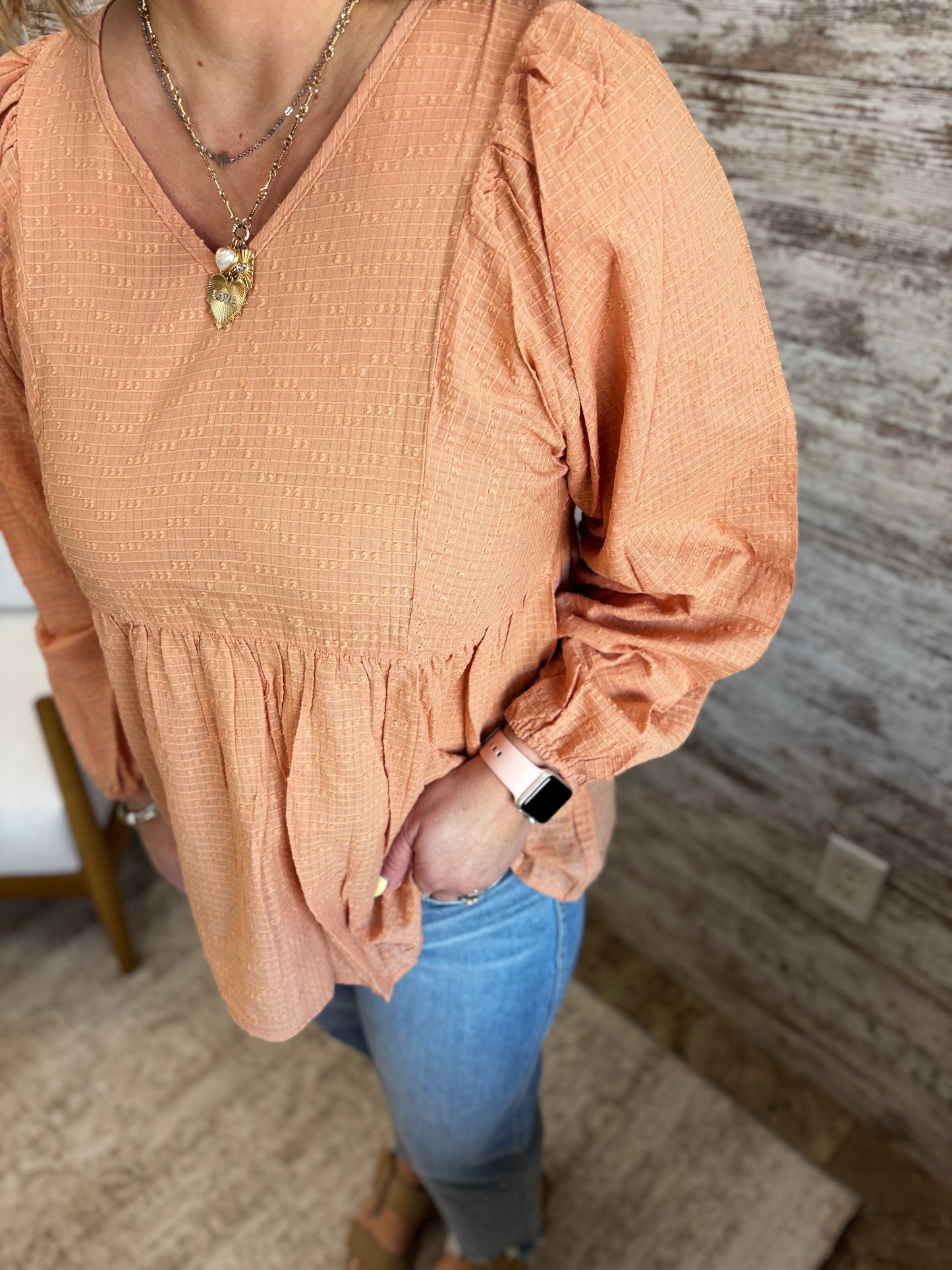 Dark Peach Babydoll Long Sleeve Top