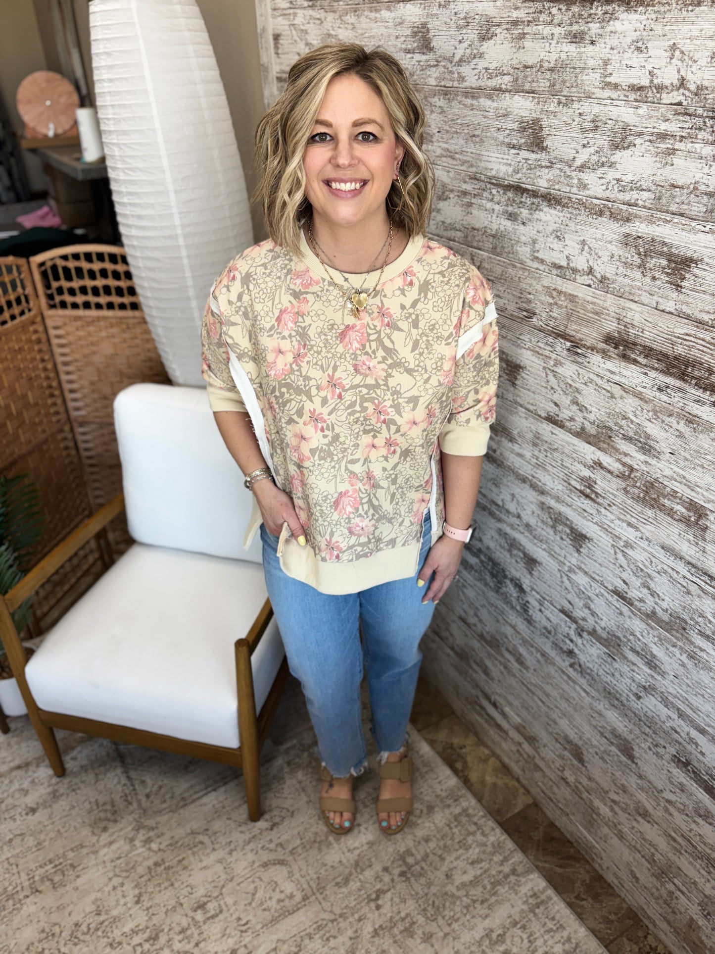Oatmeal Floral Twill Short Sleeve Top