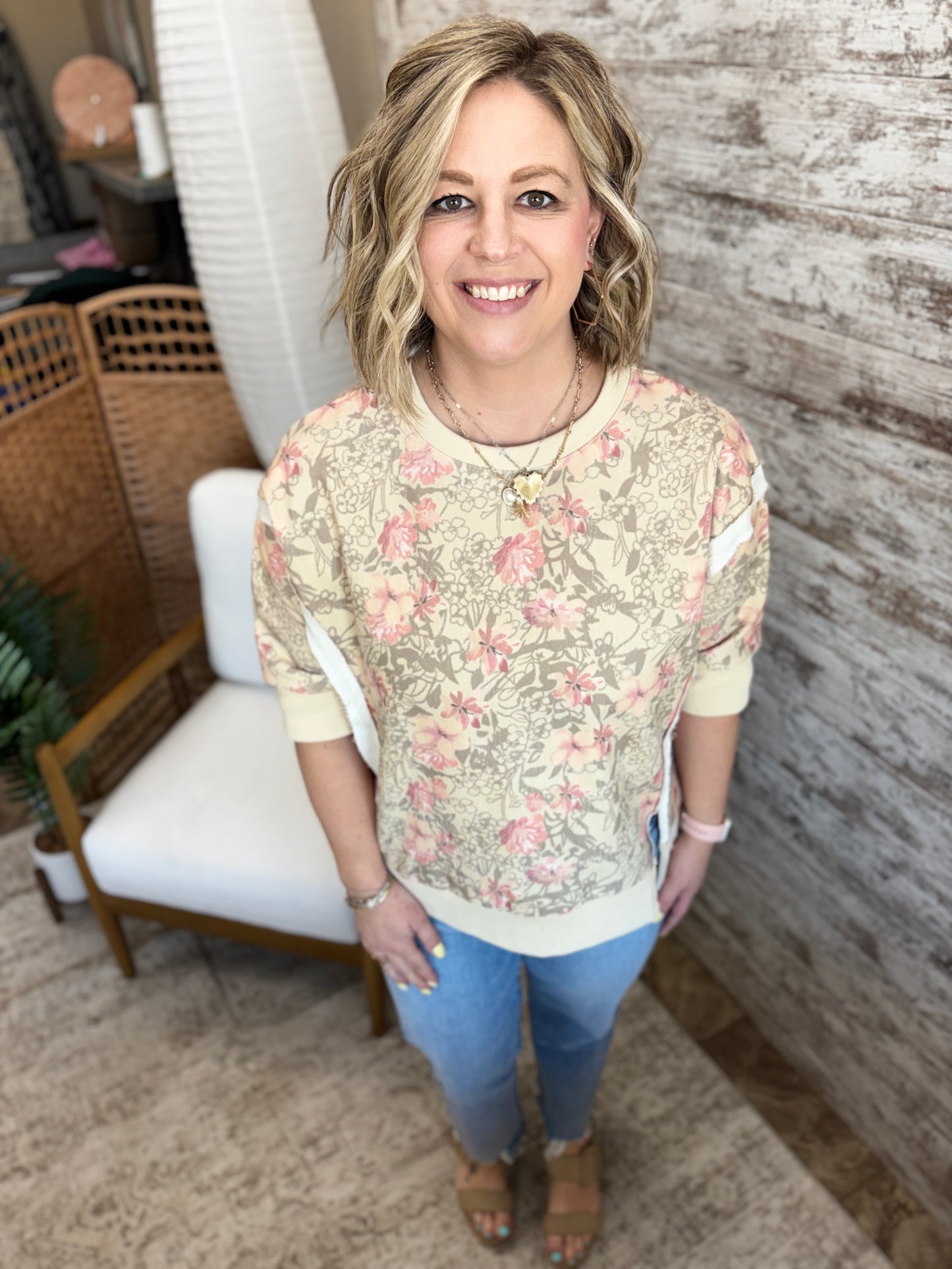Oatmeal Floral Twill Short Sleeve Top