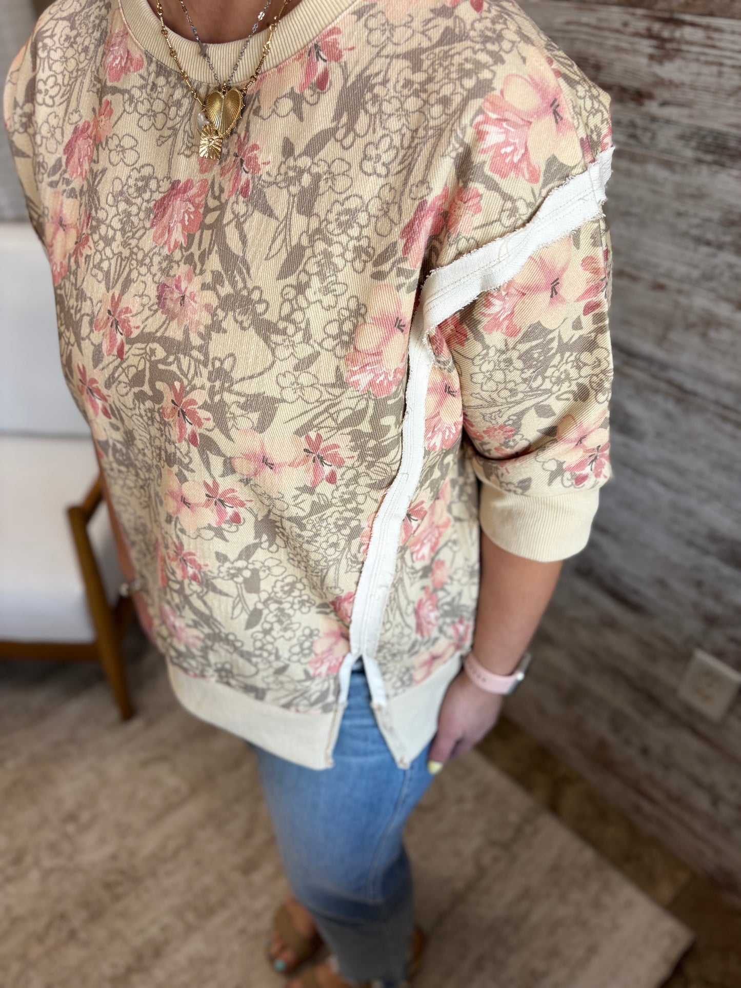 Oatmeal Floral Twill Short Sleeve Top