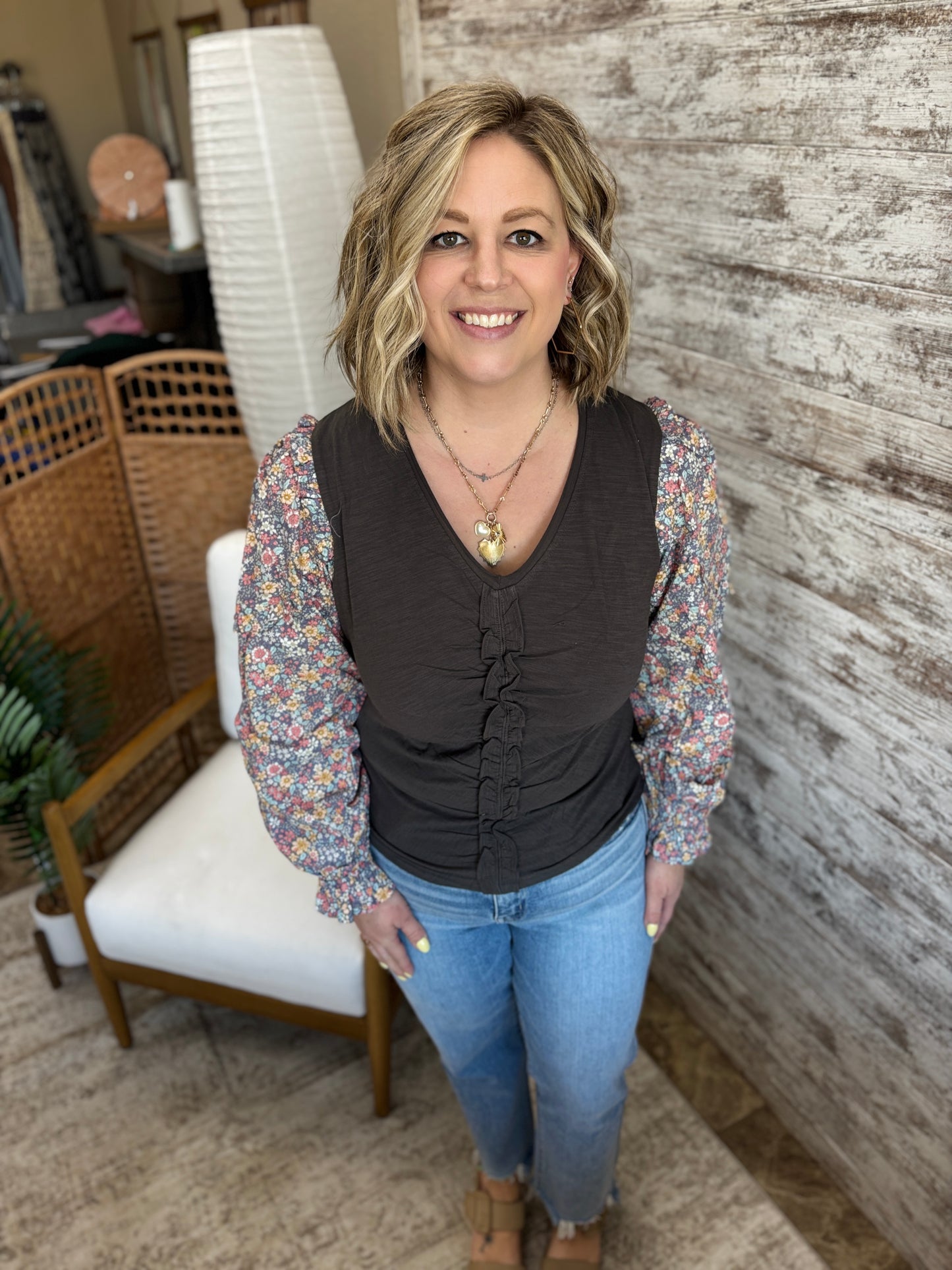 Graphite Grey Floral Sleeve Top