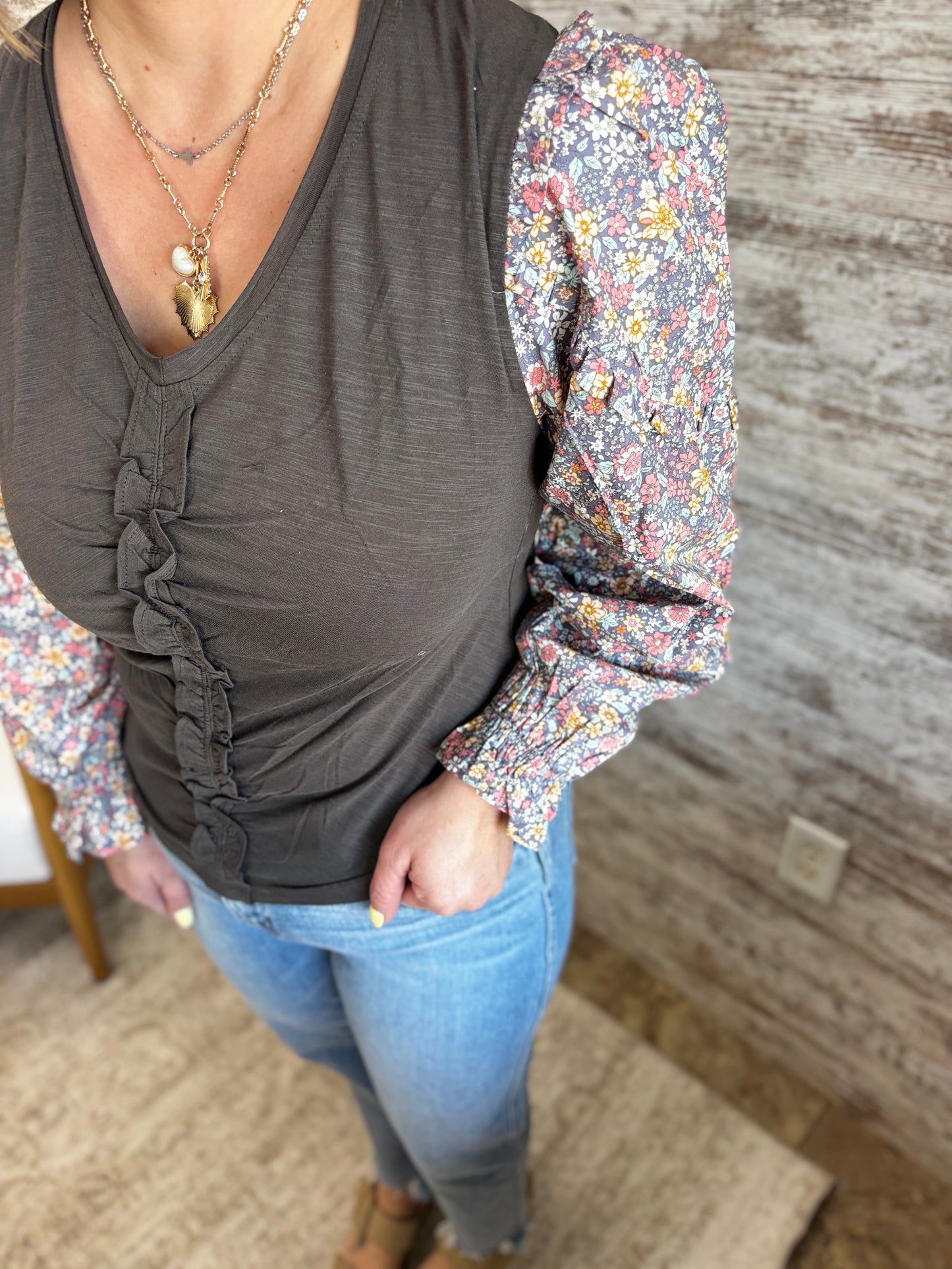 Graphite Grey Floral Sleeve Top