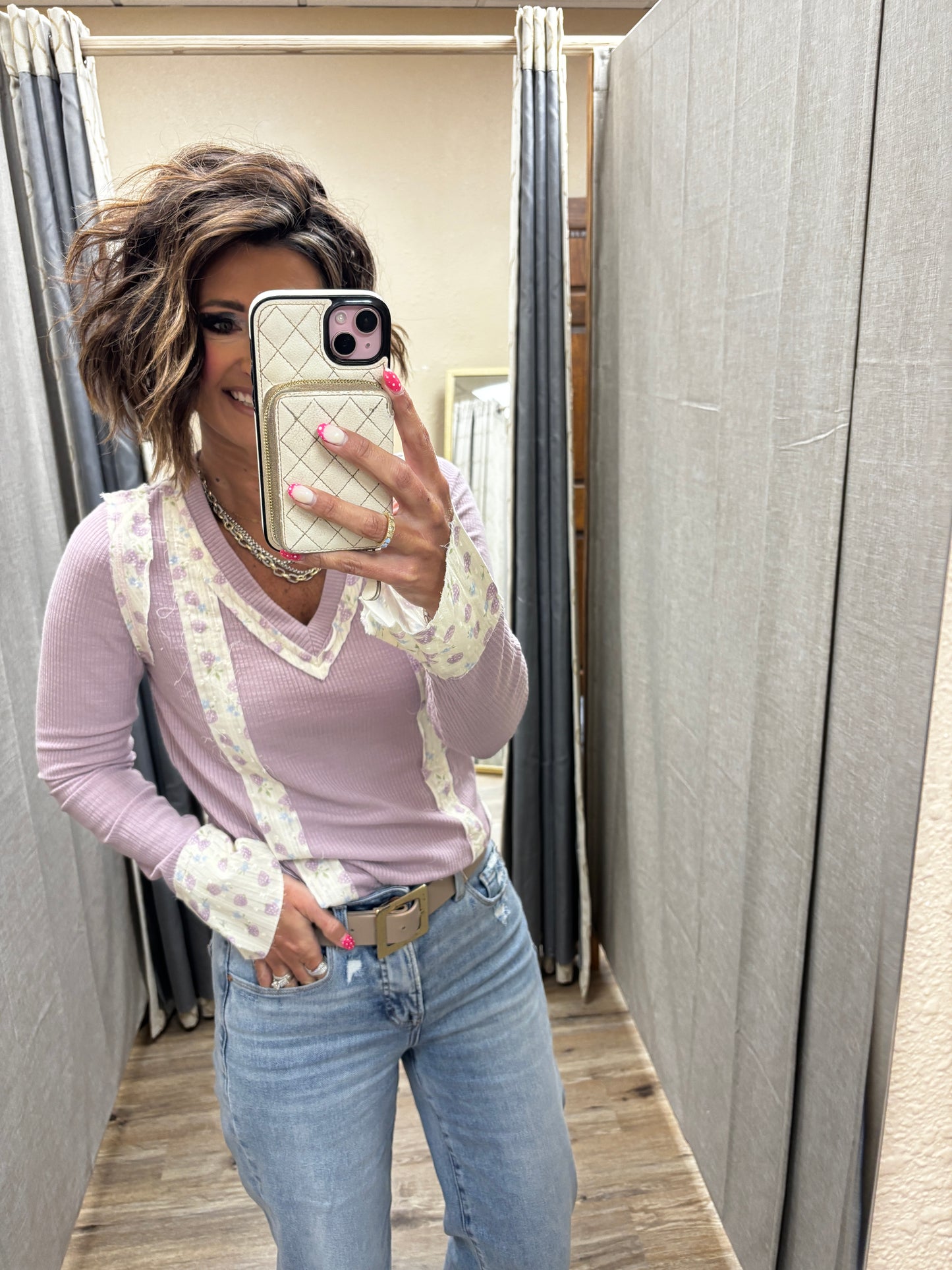 Lavender V Neck with Floral Accent