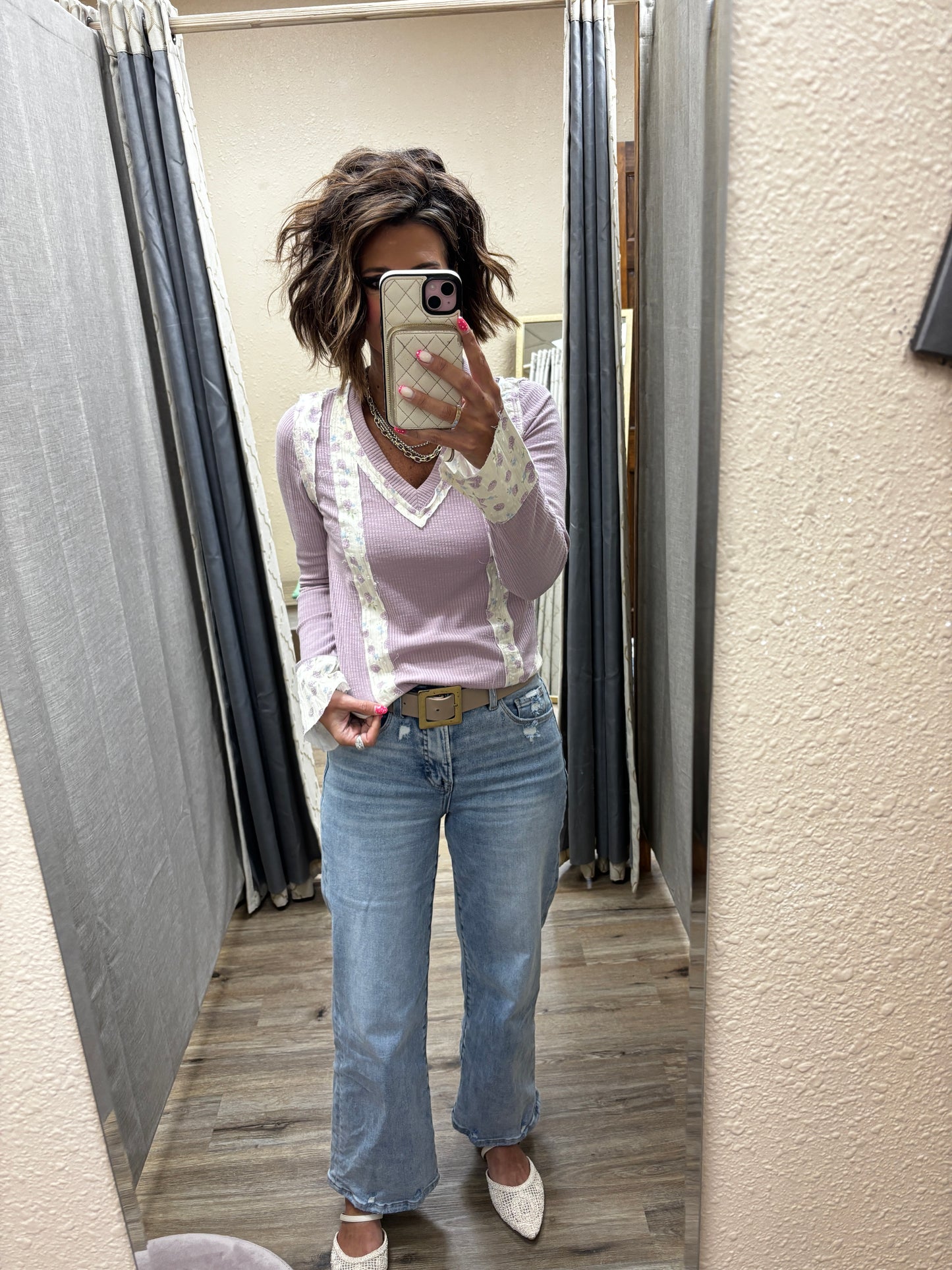 Lavender V Neck with Floral Accent