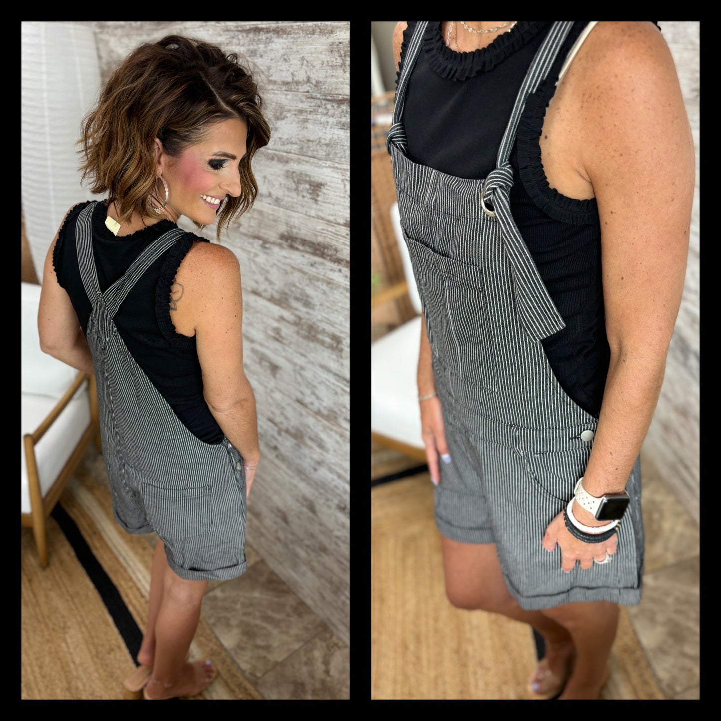 Charcoal/Black Striped Denim Overalls