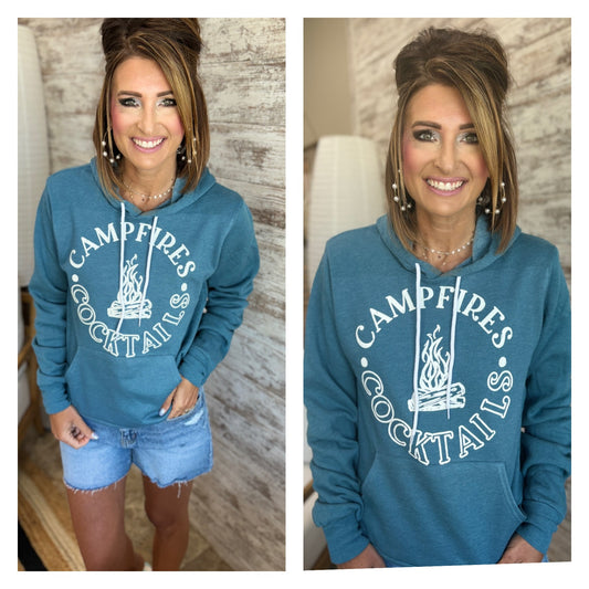 Campfires and Cocktails Heather Deep Teal Bella Hoodie