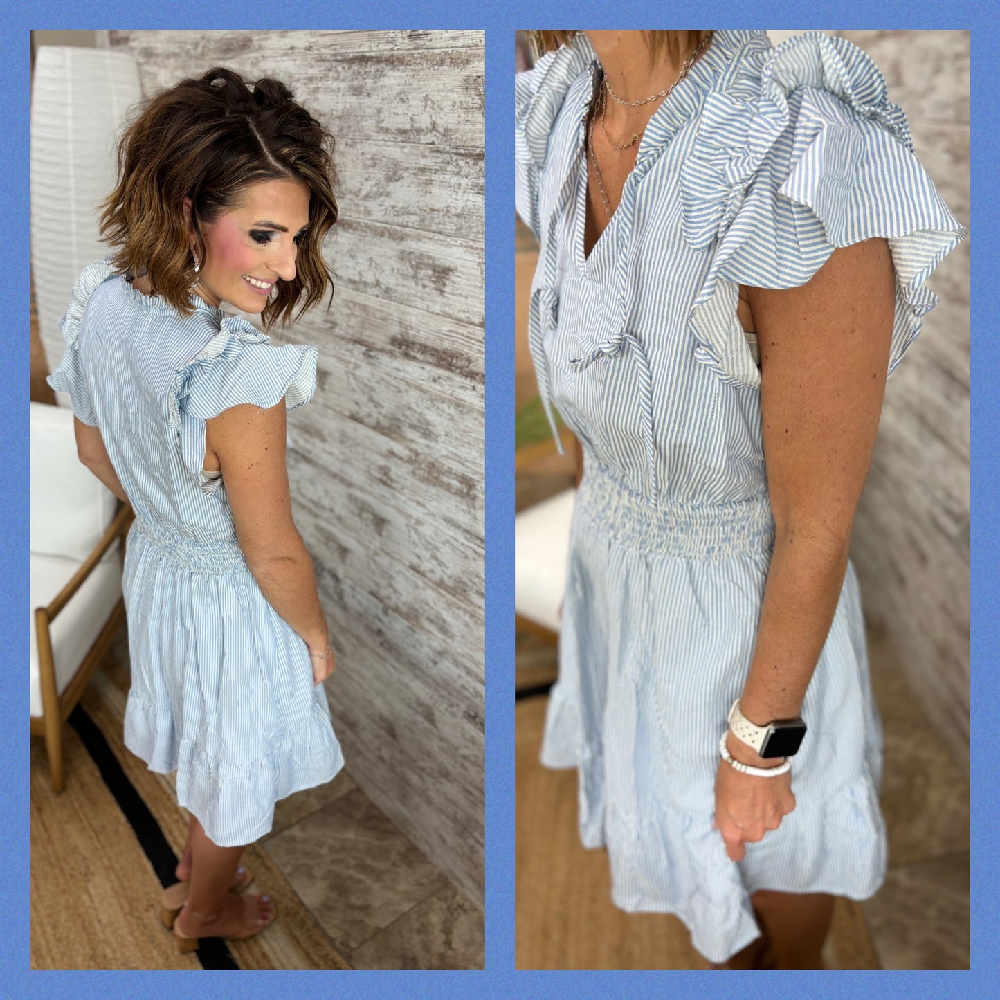 Blue/White Stripe Smock Waist Dress