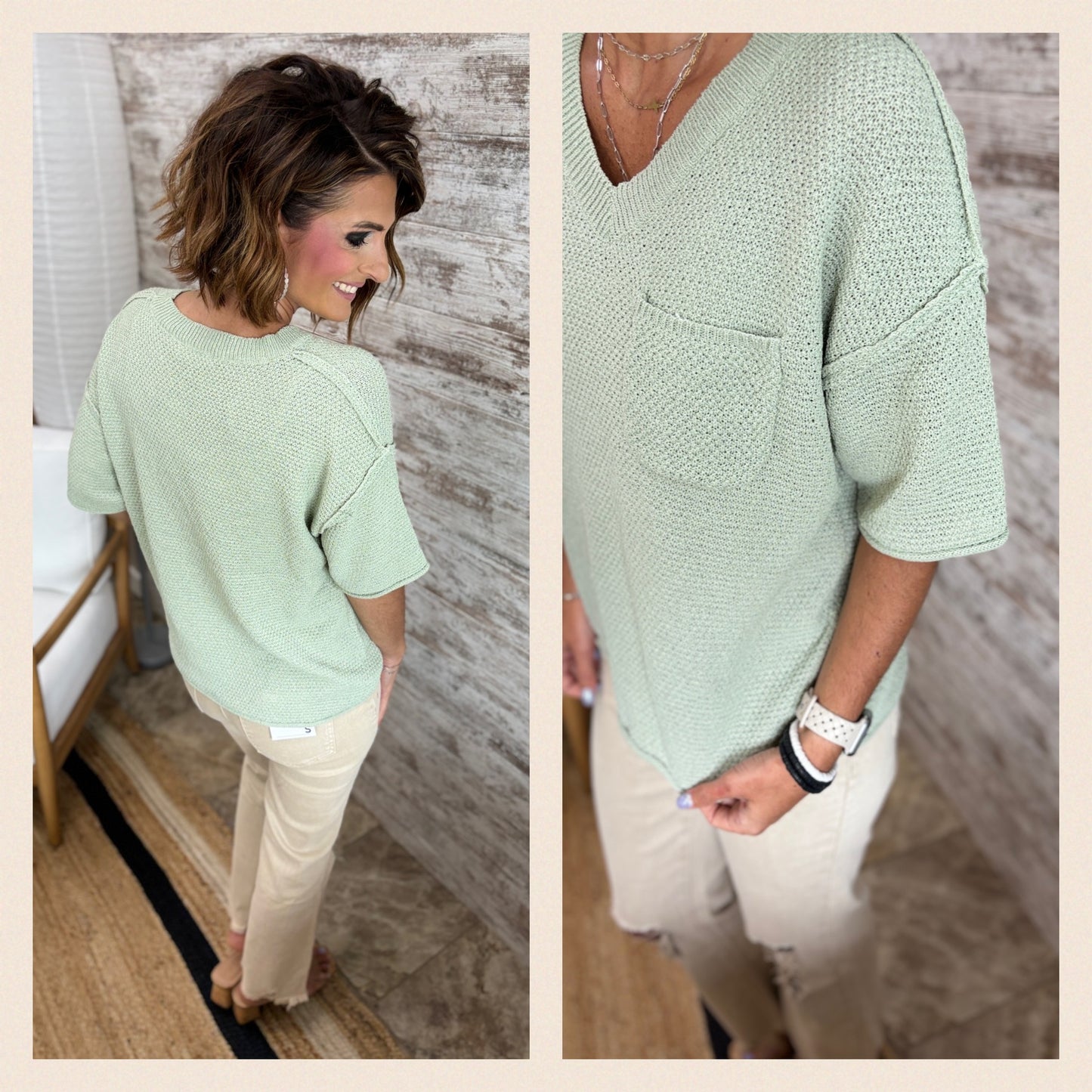 Lt Sage Drop Sleeve Sweater with Front Pocket