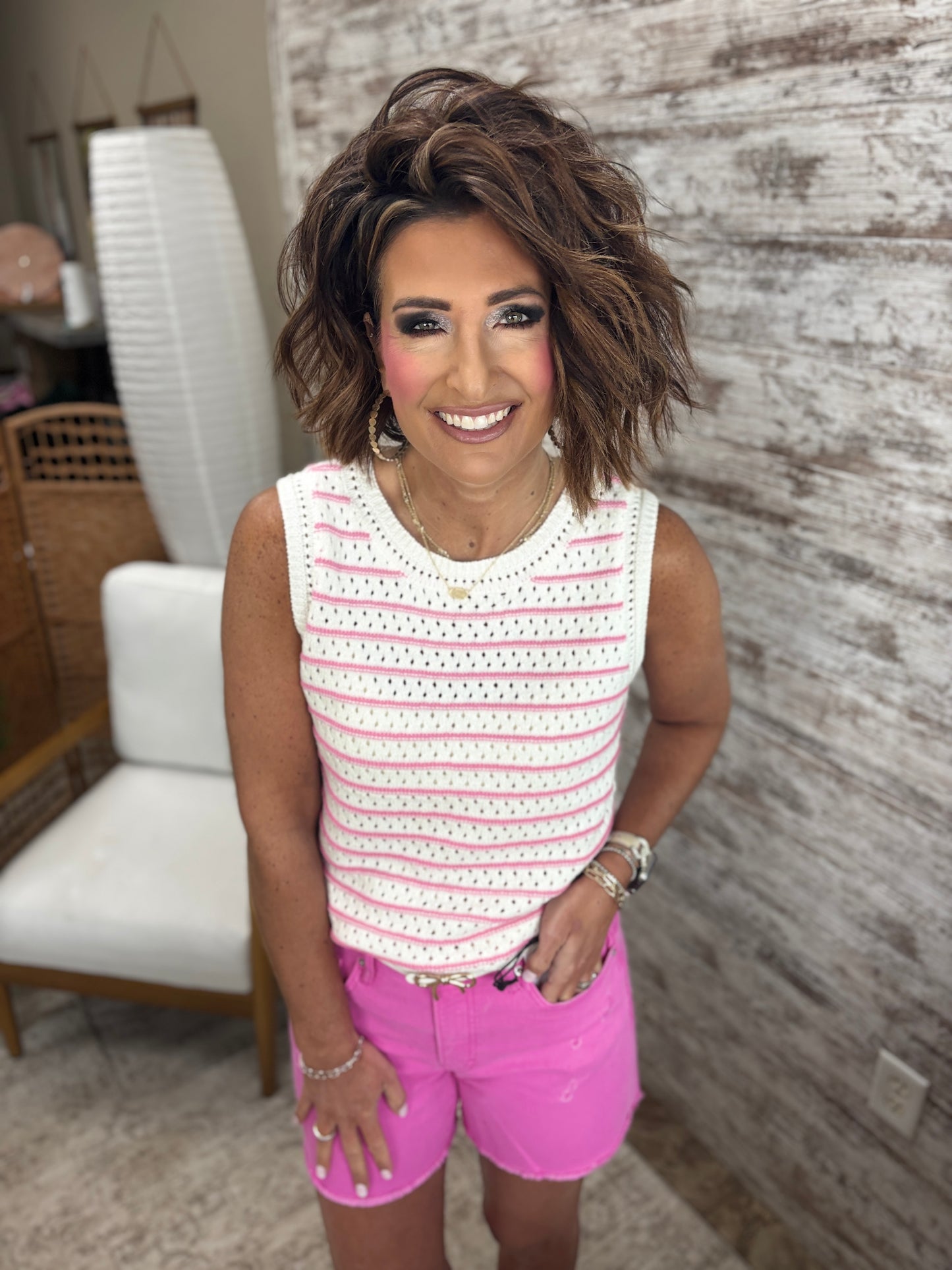 Ivory/Pink Striped Crochet Tank