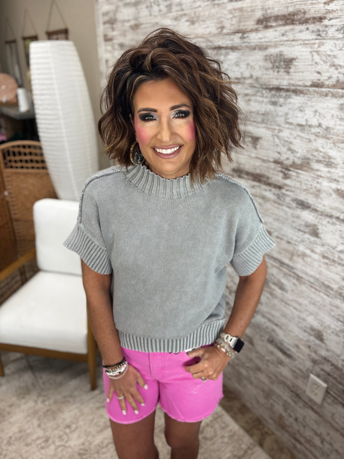 Smoke Grey Mock Neck Short Sleeve Sweater