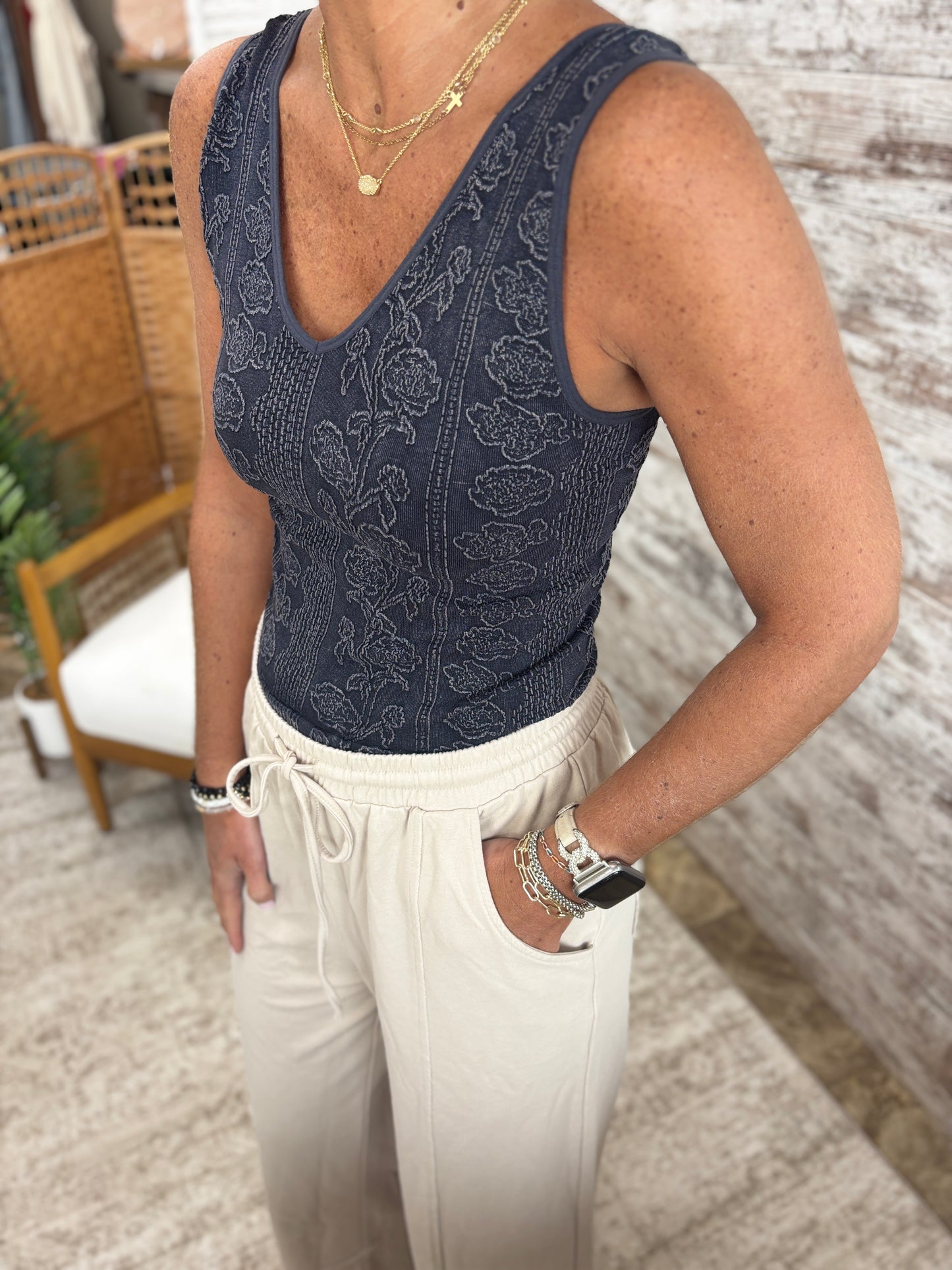Charcoal Floral Print Seamless Tank