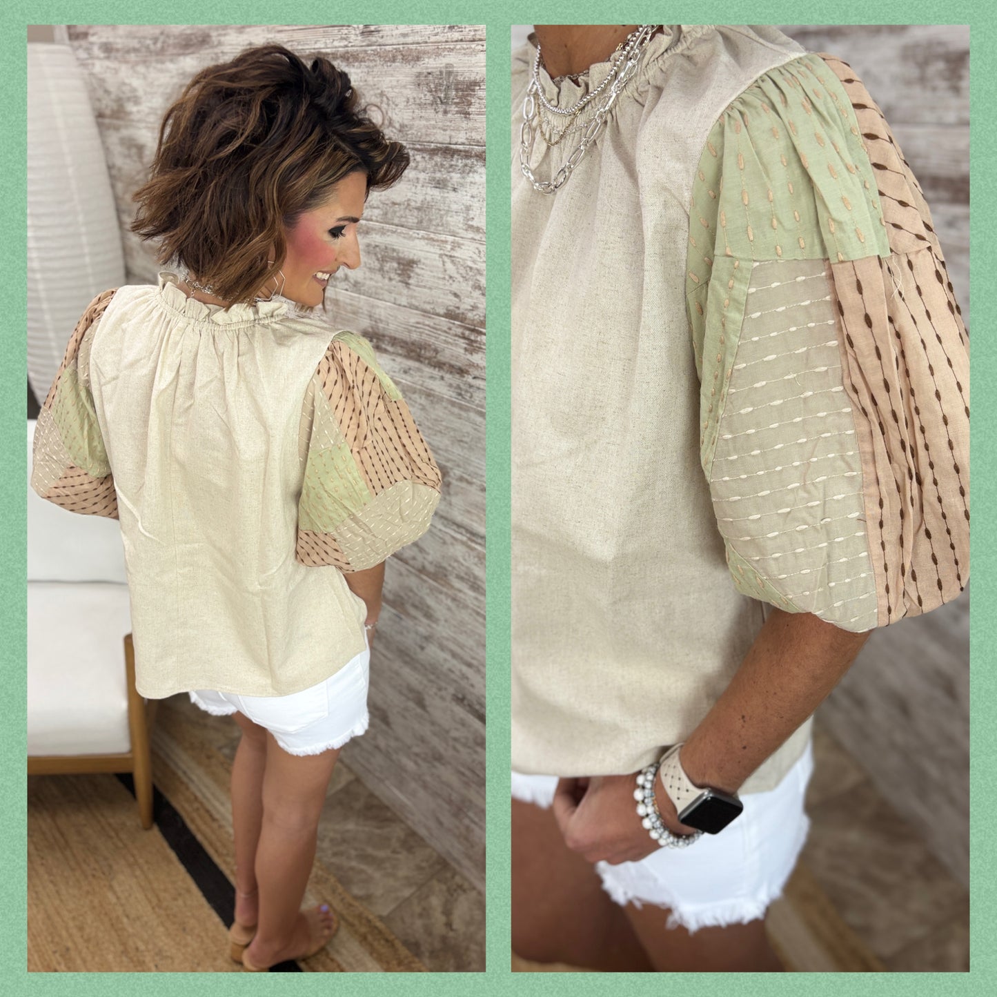 Natural Ballon Sleeve Ruffle Top